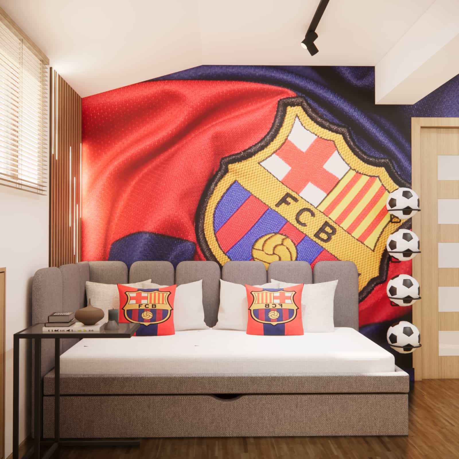 Strefa snu: tapeta i poduszki FC Barcelona, łóżko i sportowe dekoracje