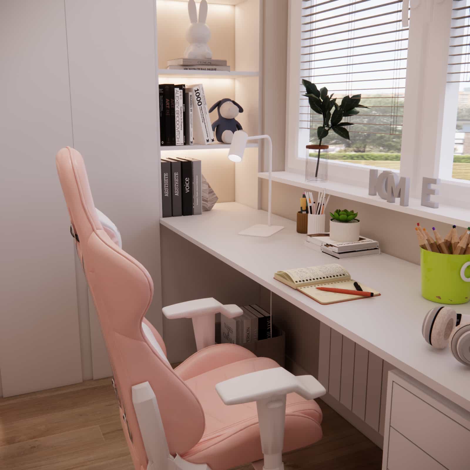 Strefa nauki w pokoju dziewczynki 10m2 – biurko przy oknie i ergonomiczny różowy fotel