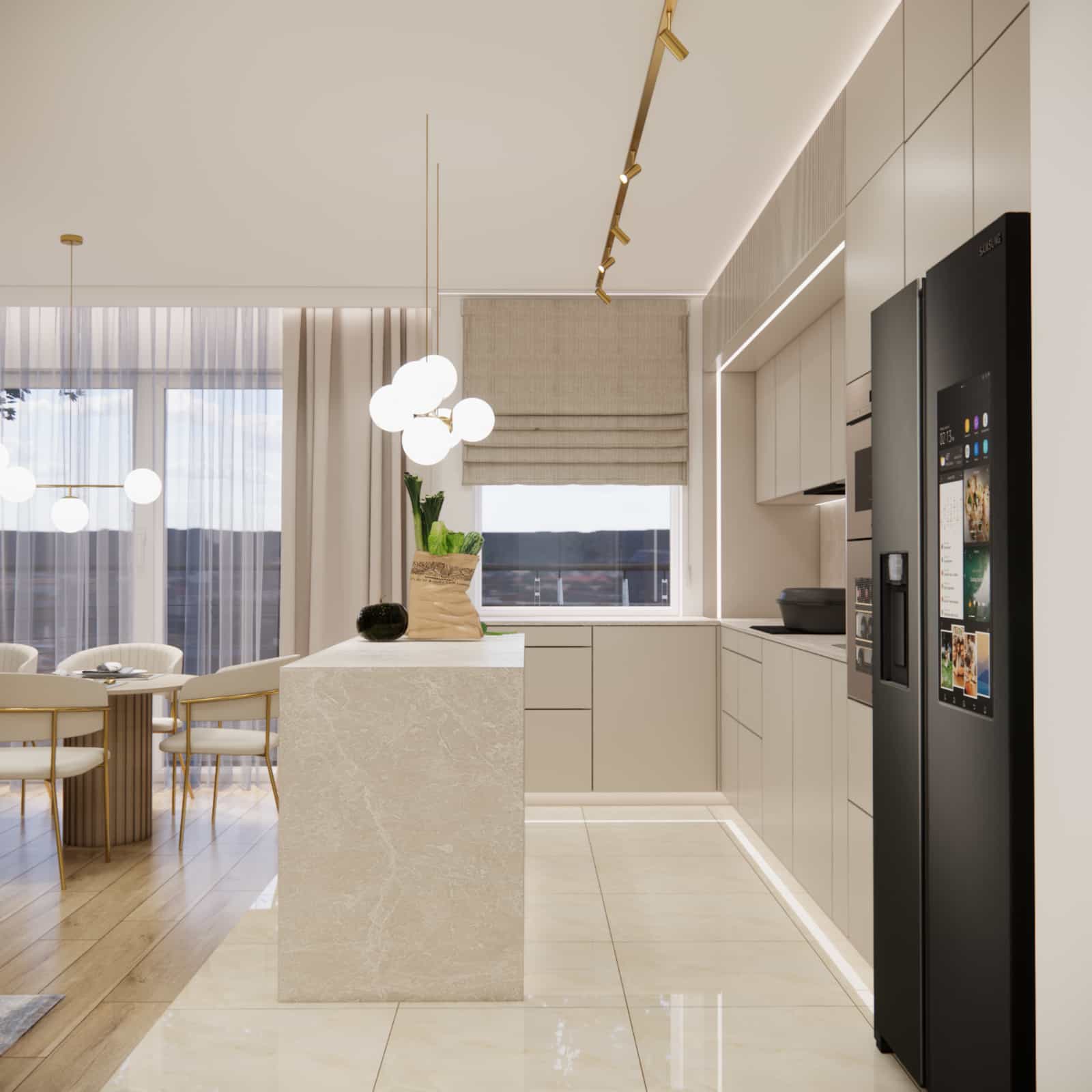 Modern beige kitchen with an island and tall cabinetry – elegant interior arrangement with black appliances