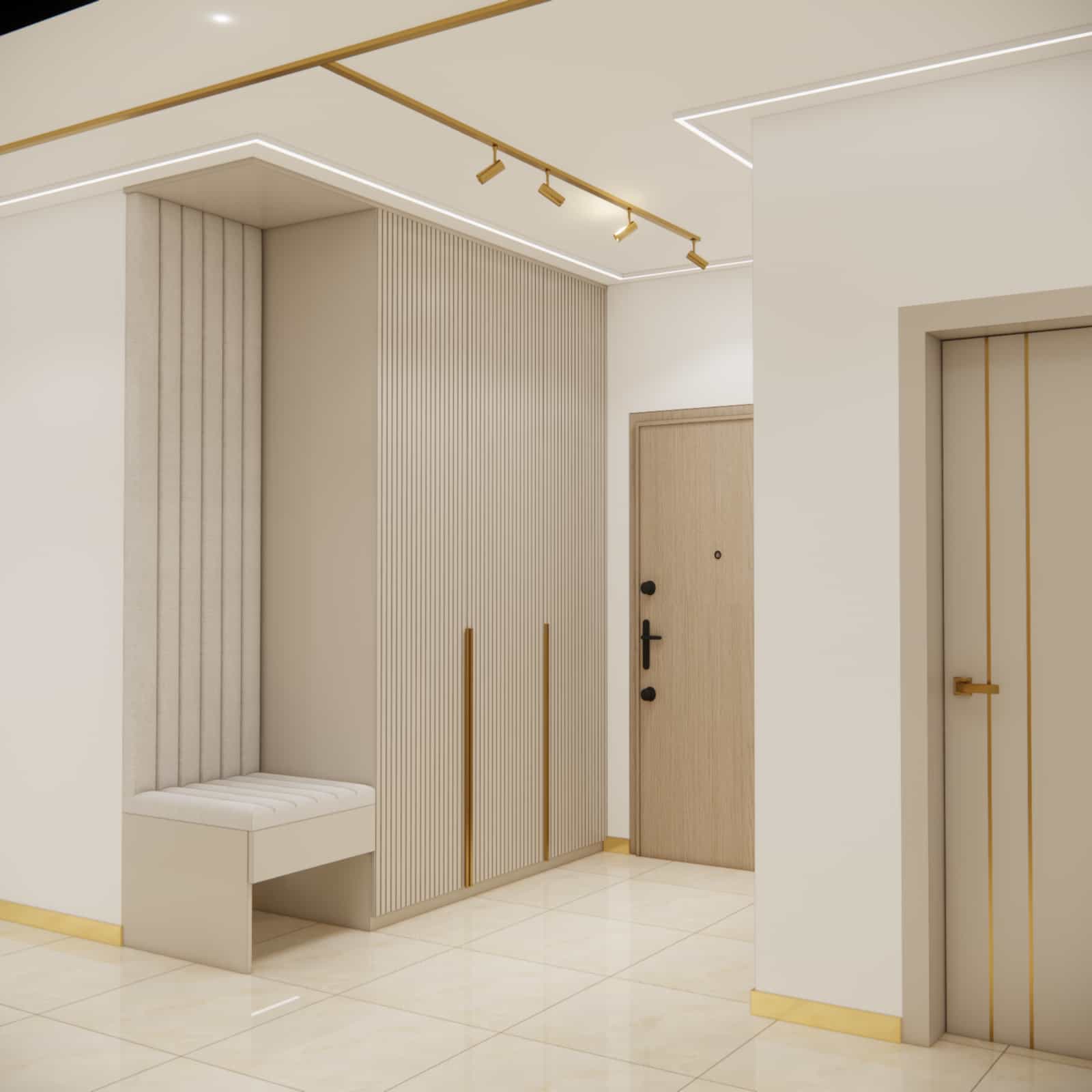 Modern hallway in beige with golden details – built-in unit with slats and upholstered seat