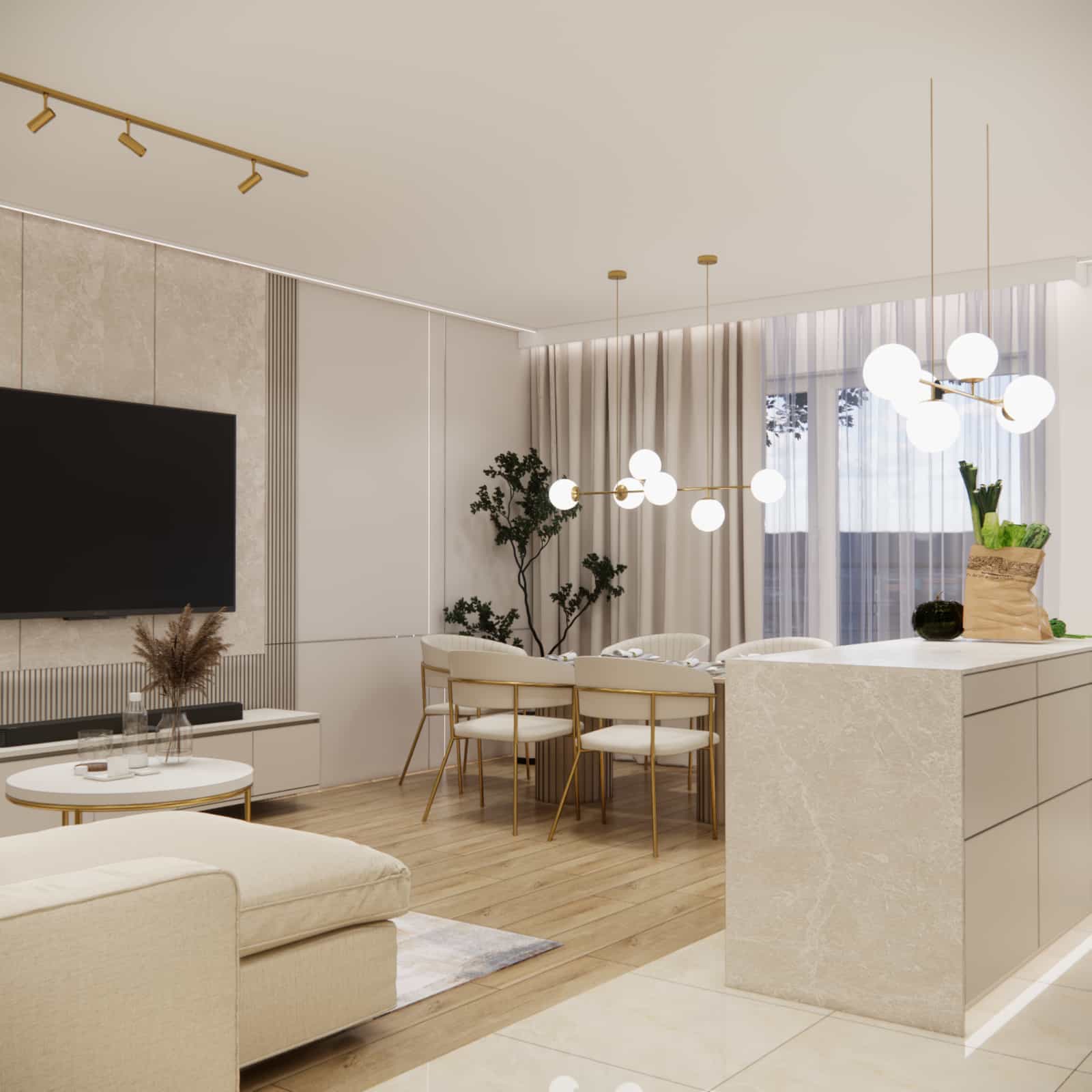 Modern living room with a kitchenette in beige and gold – stone island, golden lamps and elegant interior arrangement