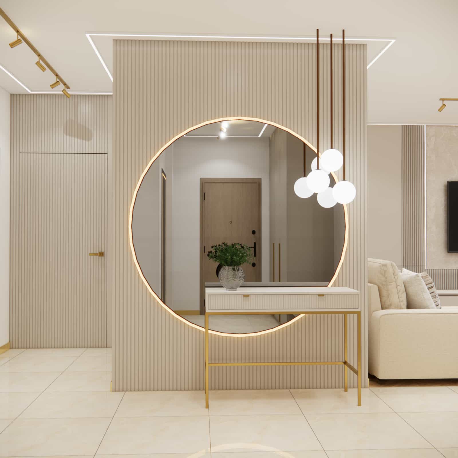 Round backlit mirror and console on golden legs – elegant interior arrangement in beige