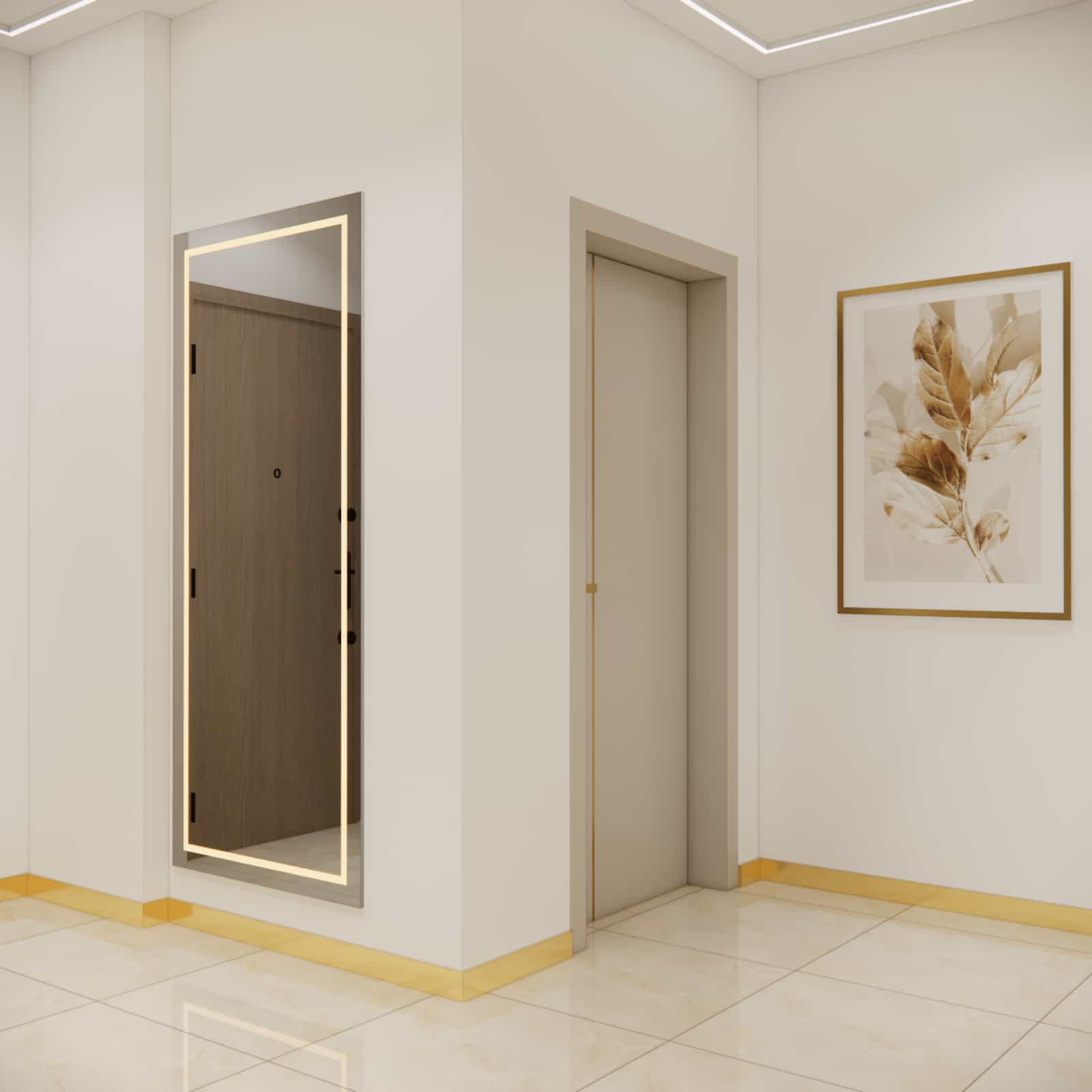 Backlit mirror in a modern hallway – elegant interior design with warm LED lighting
