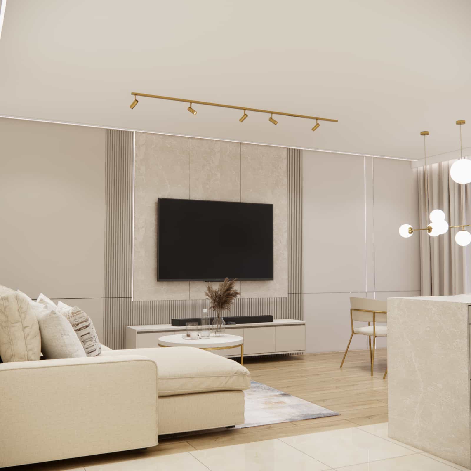 TV wall with slats and stone panel – modern living room arrangement in beige and gold