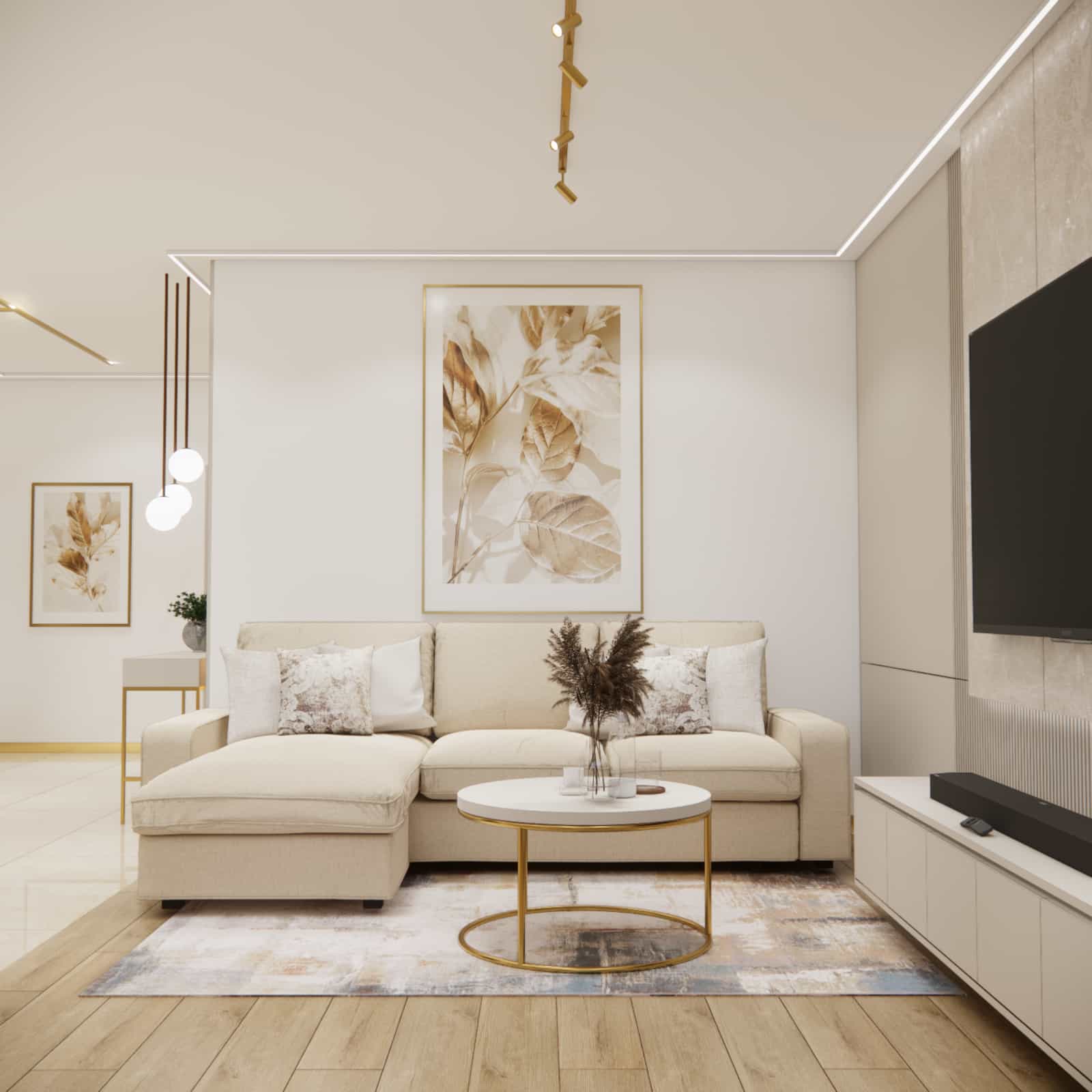 Lounge zone in a modern living room – beige sofa, golden coffee table and decorative wall artwork