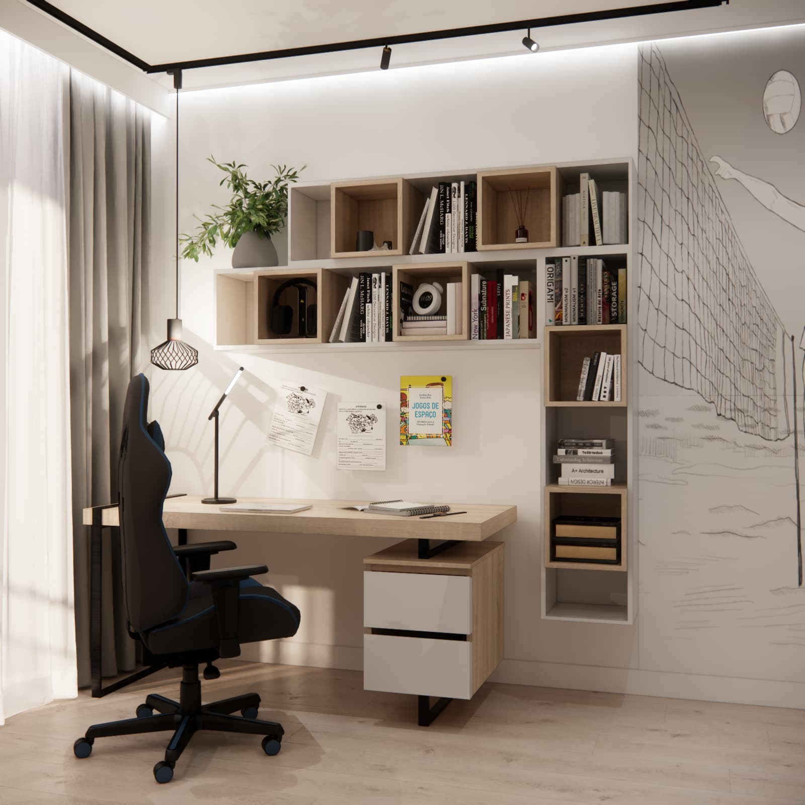 Desk beside the window with a light desktop, white drawers and bookshelves in a teenager’s room