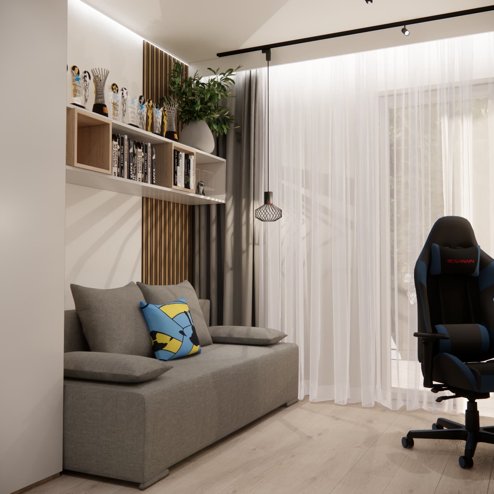Szara sofa z poduszką siatkarską i półka na trofea w projekcie pokoju 14-latka o powierzchni 12 m²