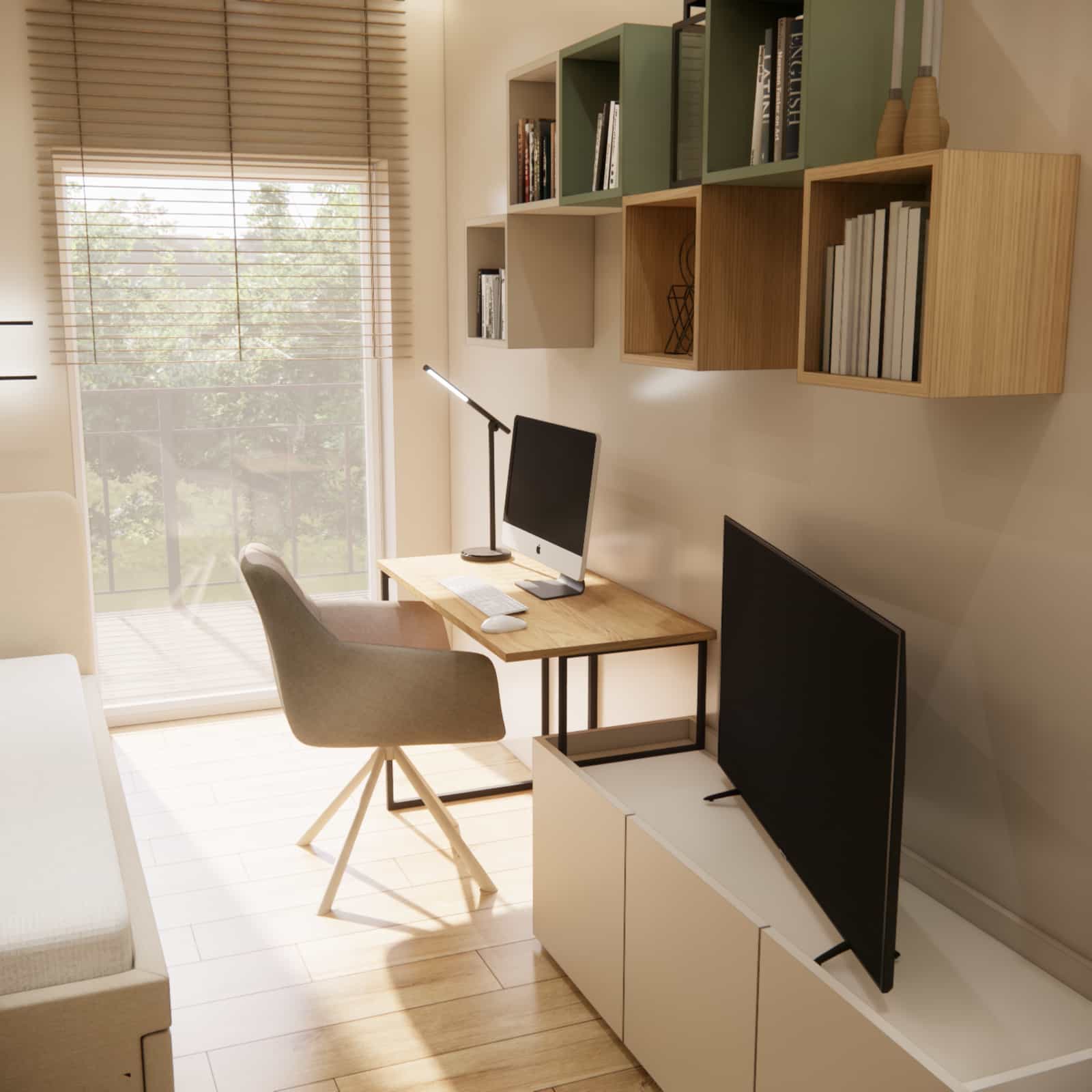 Detail of the study zone in a 16-year-old girl’s bedroom: desk lamp and computer in natural light