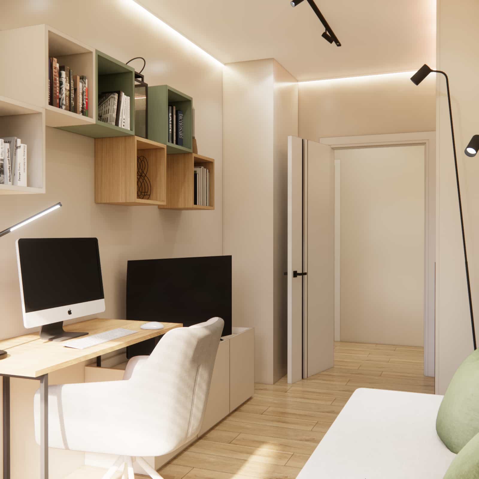 Subdued, natural color palette in a teenage bedroom: wood, white, and green and black accents