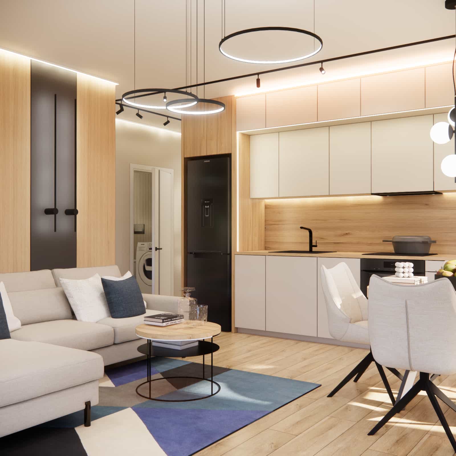 53m2 apartment analysis: general view of the calm day zone and hallway