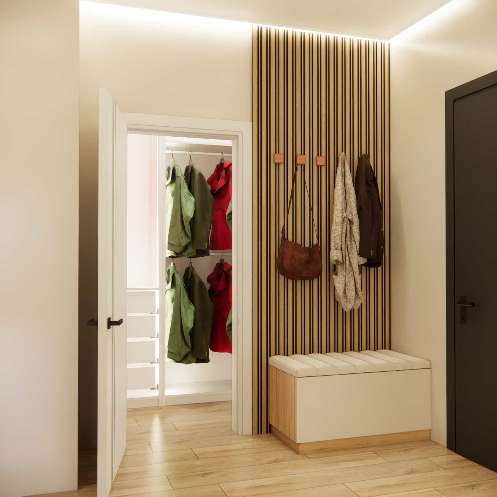 Apartment hallway: shoe cabinet, hooks, slatted panels, and wardrobe door