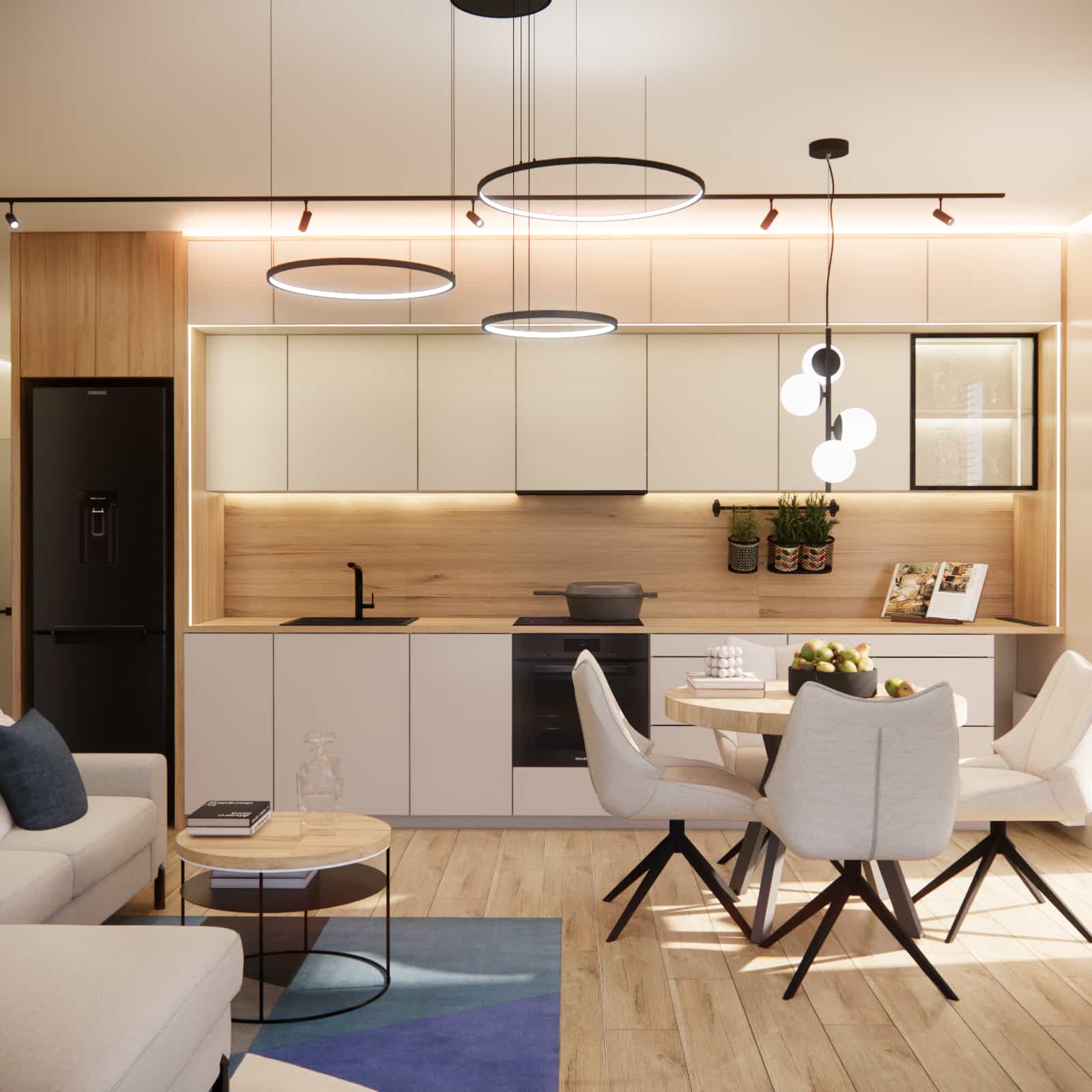 Functional zoning in the day area: kitchen annex, dining area, and cozy living room