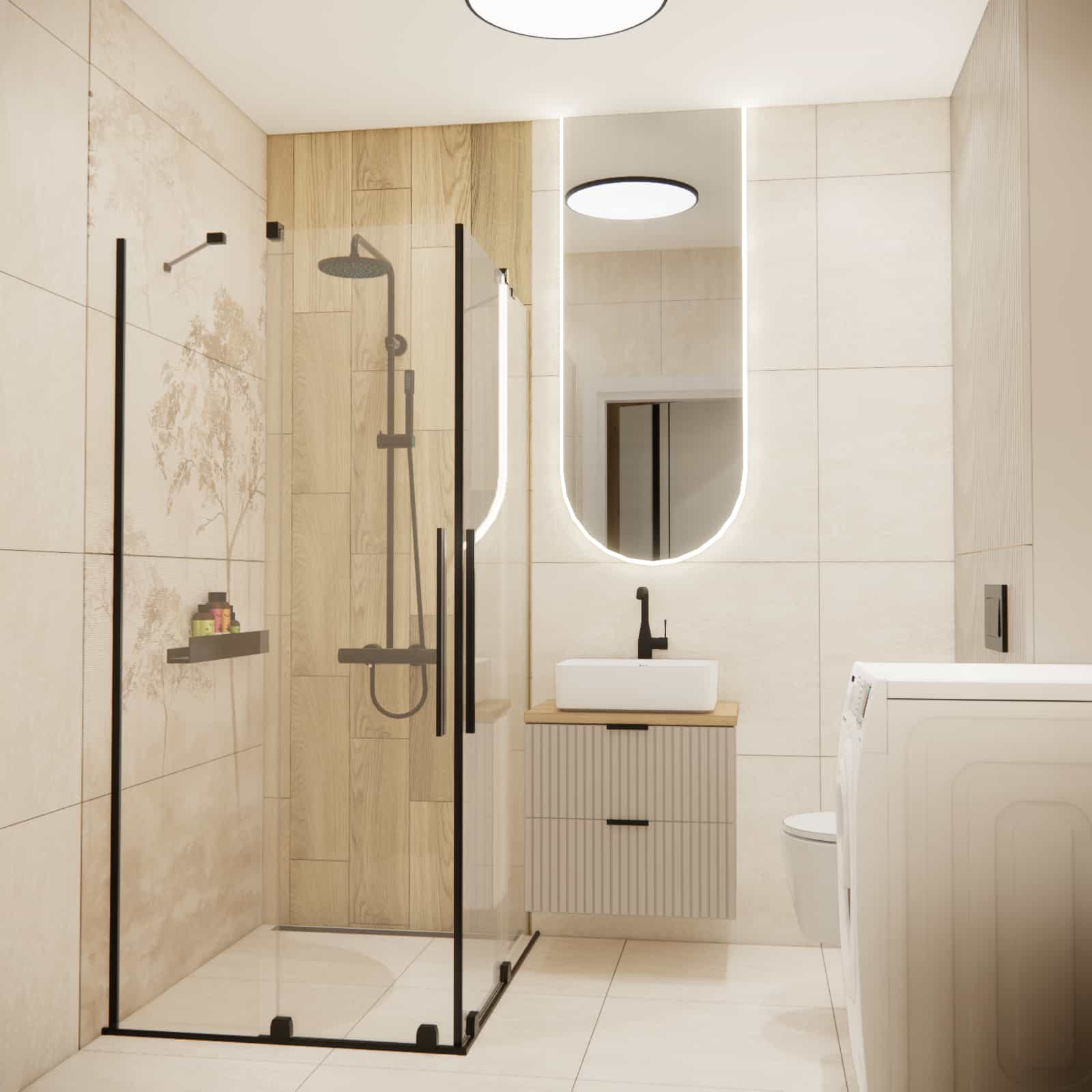Small bathroom design with a shower and washing machine in beige and white