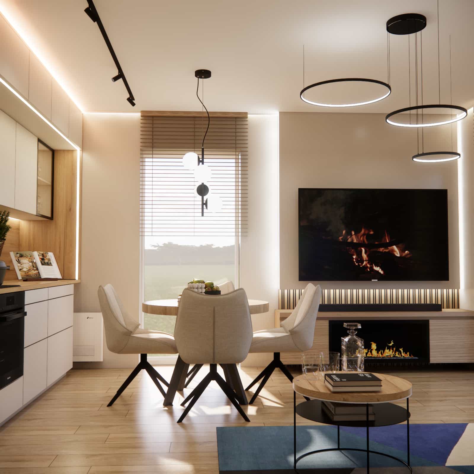 Functional division of the daytime zone: lounge, dining, and kitchen areas