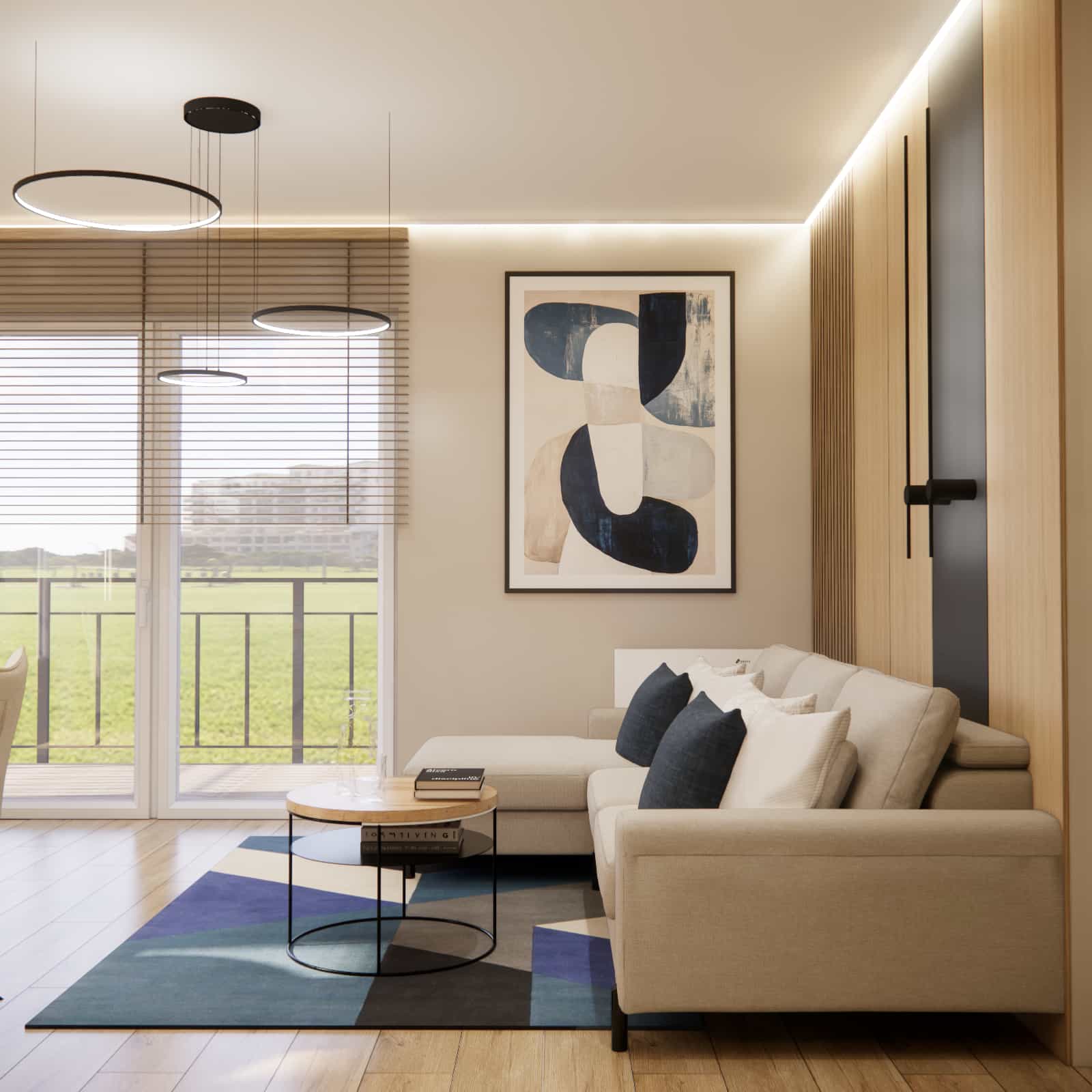 Sofa, coffee table, artwork, and blue accents in the living room design