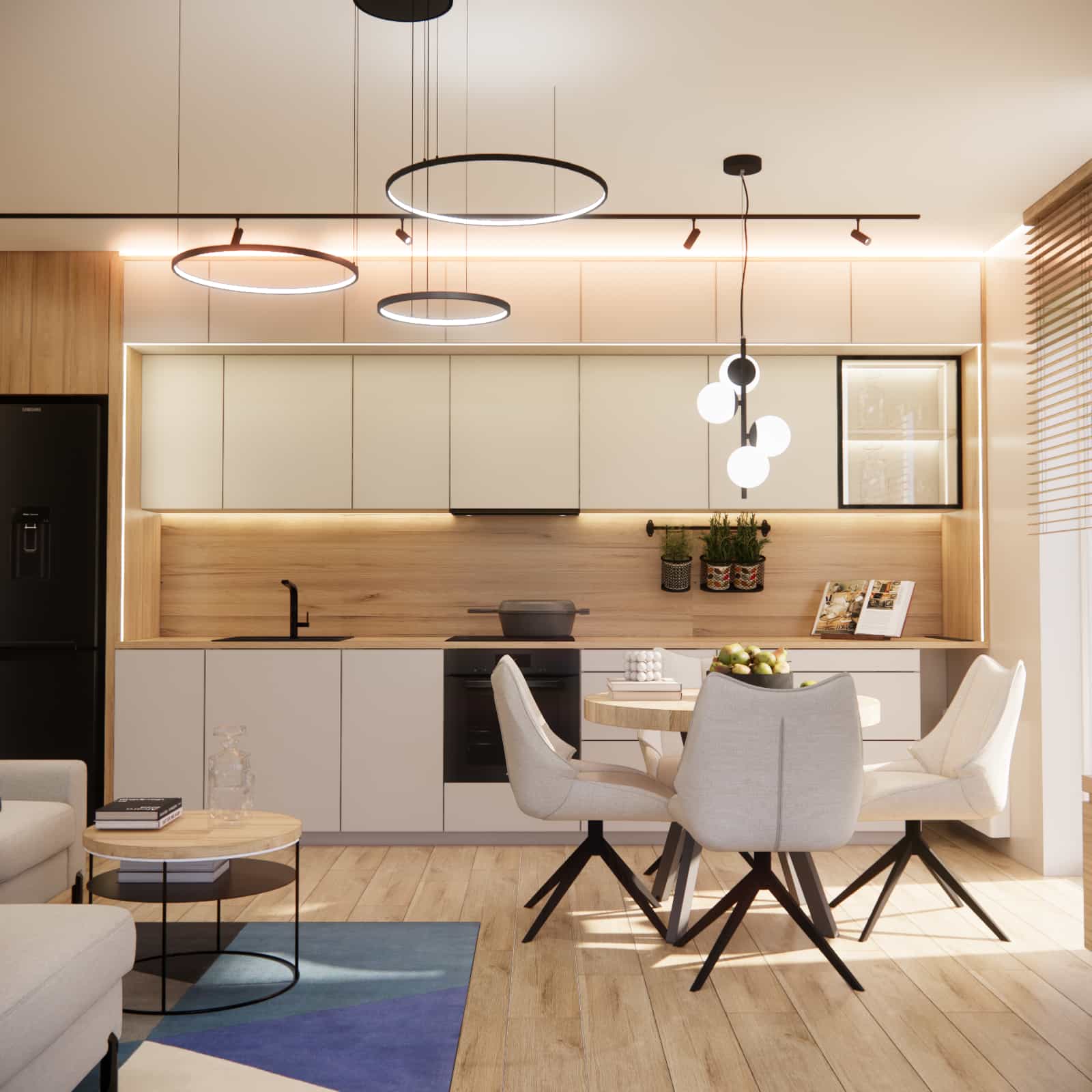 View of a single-wall kitchenette: matte fronts and display cabinet