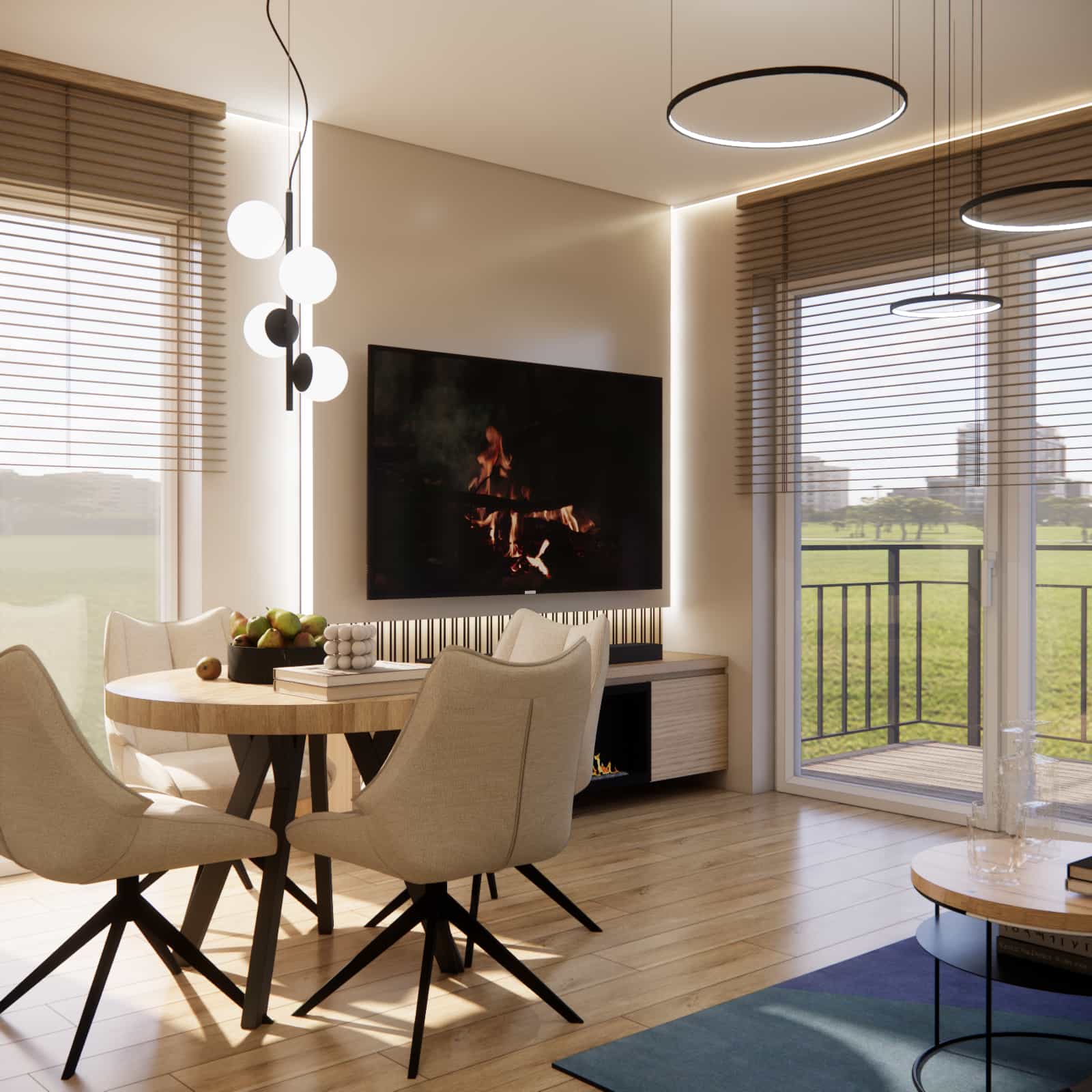 View of the daytime zone: dining area and TV zone in bright natural light