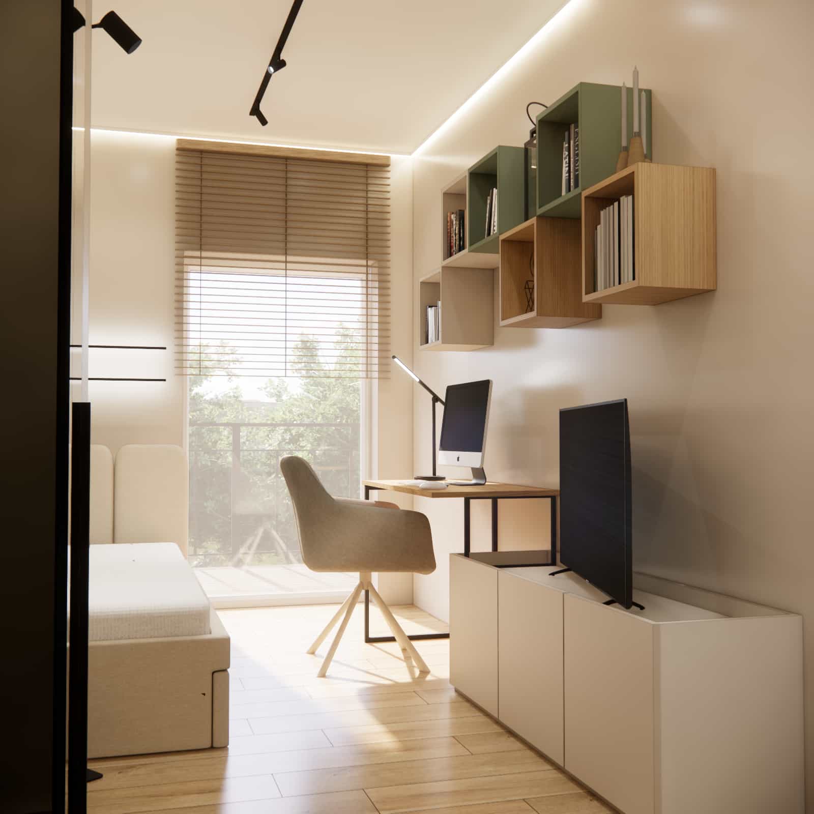 Study zone in a teenager’s room: minimalist desk, comfortable chair, and TV zone