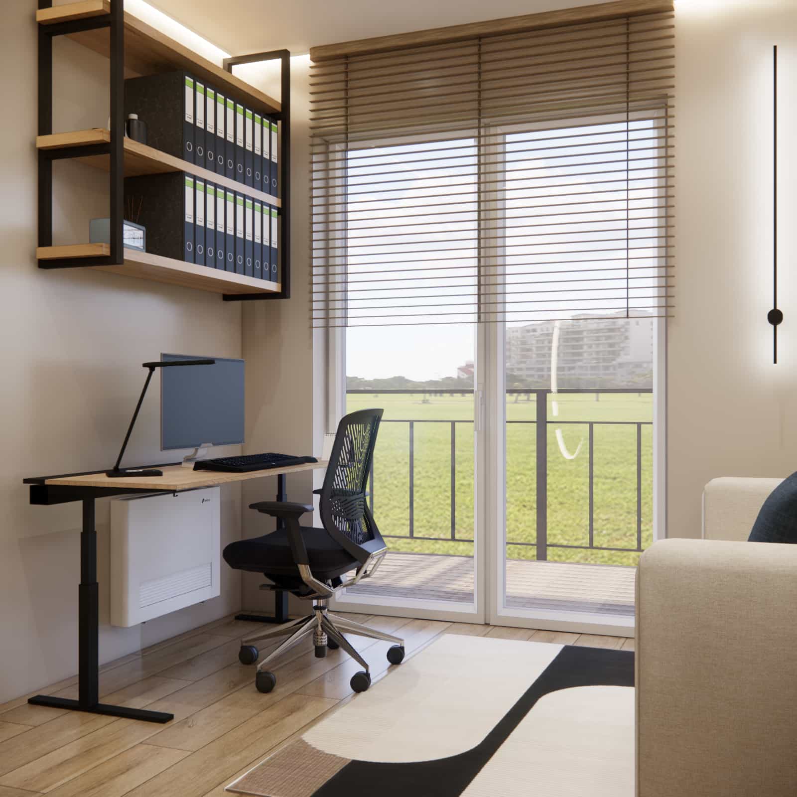 Work zone in an adult bedroom: shelves, desk, office chair, and natural lighting