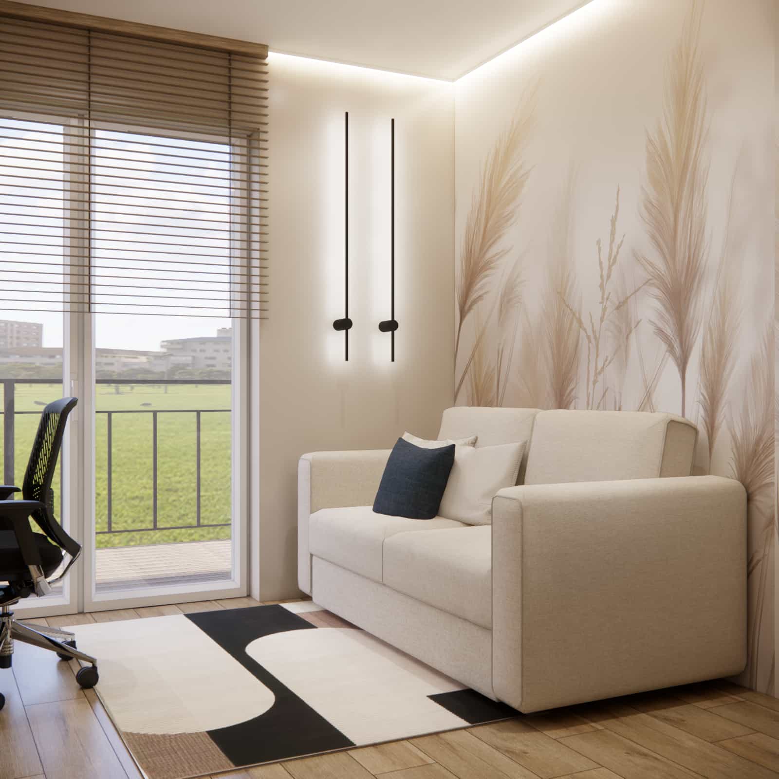 Bedroom interior: muted colors, natural lighting, wall sconces, and sofa