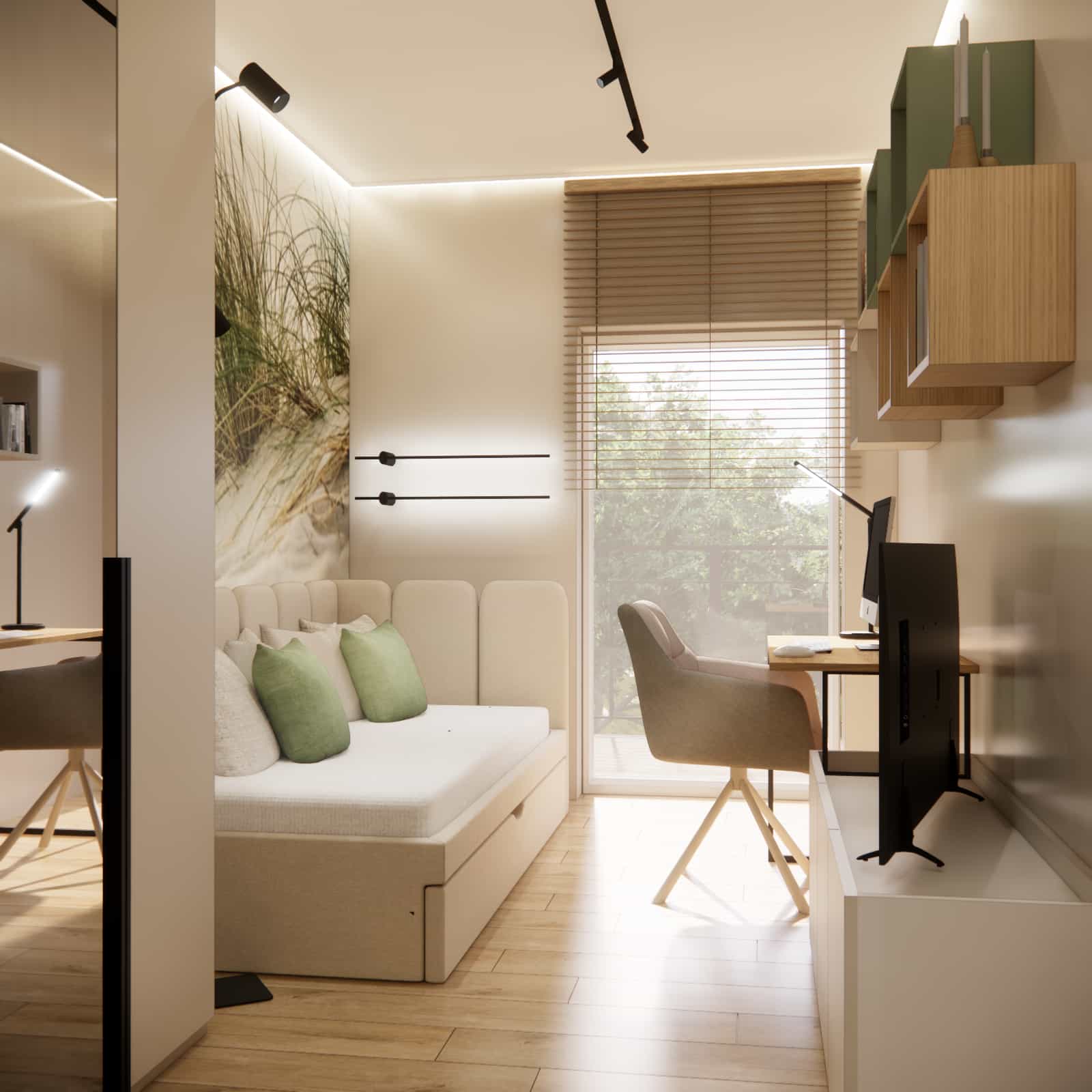Botanical wallpaper, green accents, natural lighting, and sofa in a 16-year-old’s room