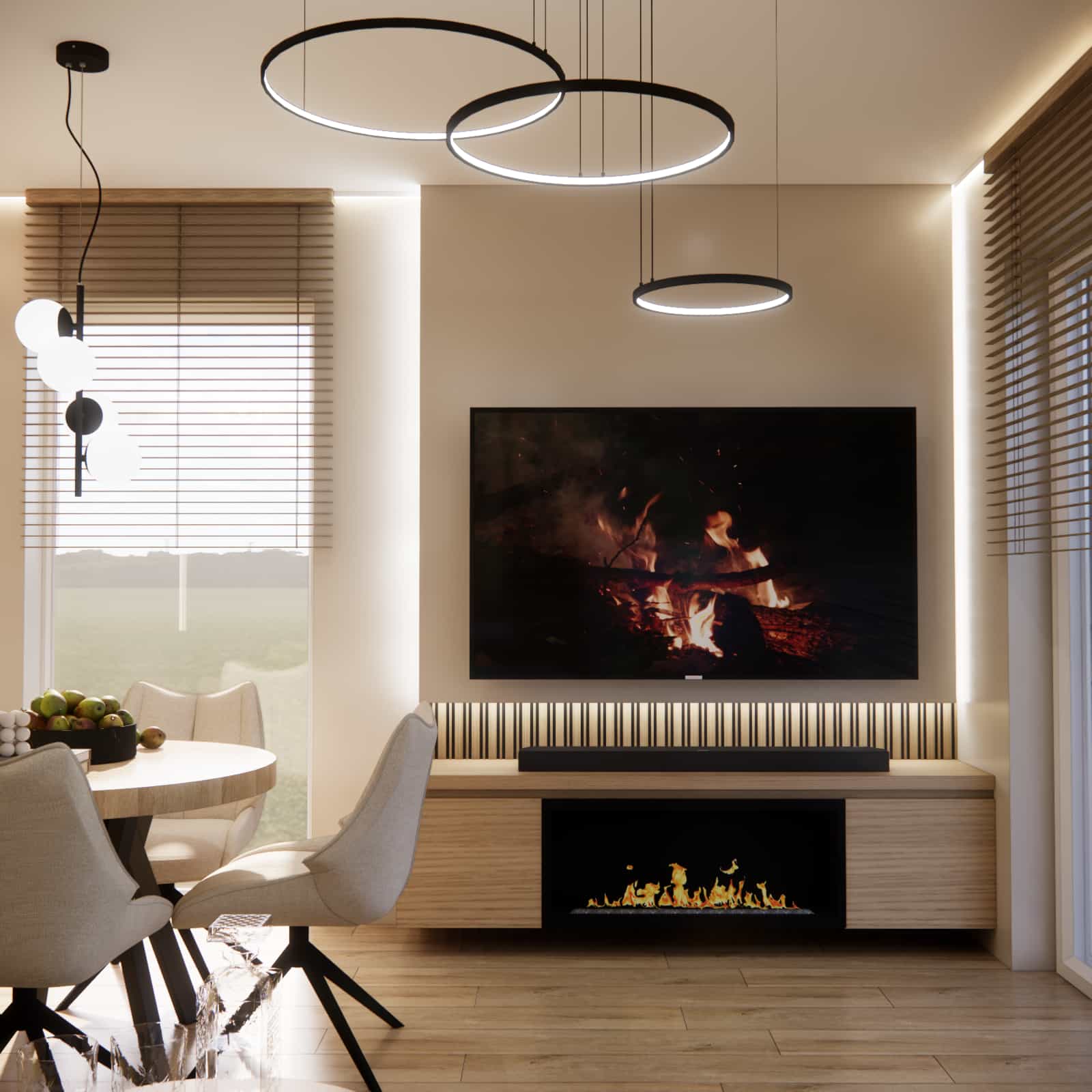 View of the TV wall with a bio fireplace in the day zone interior design