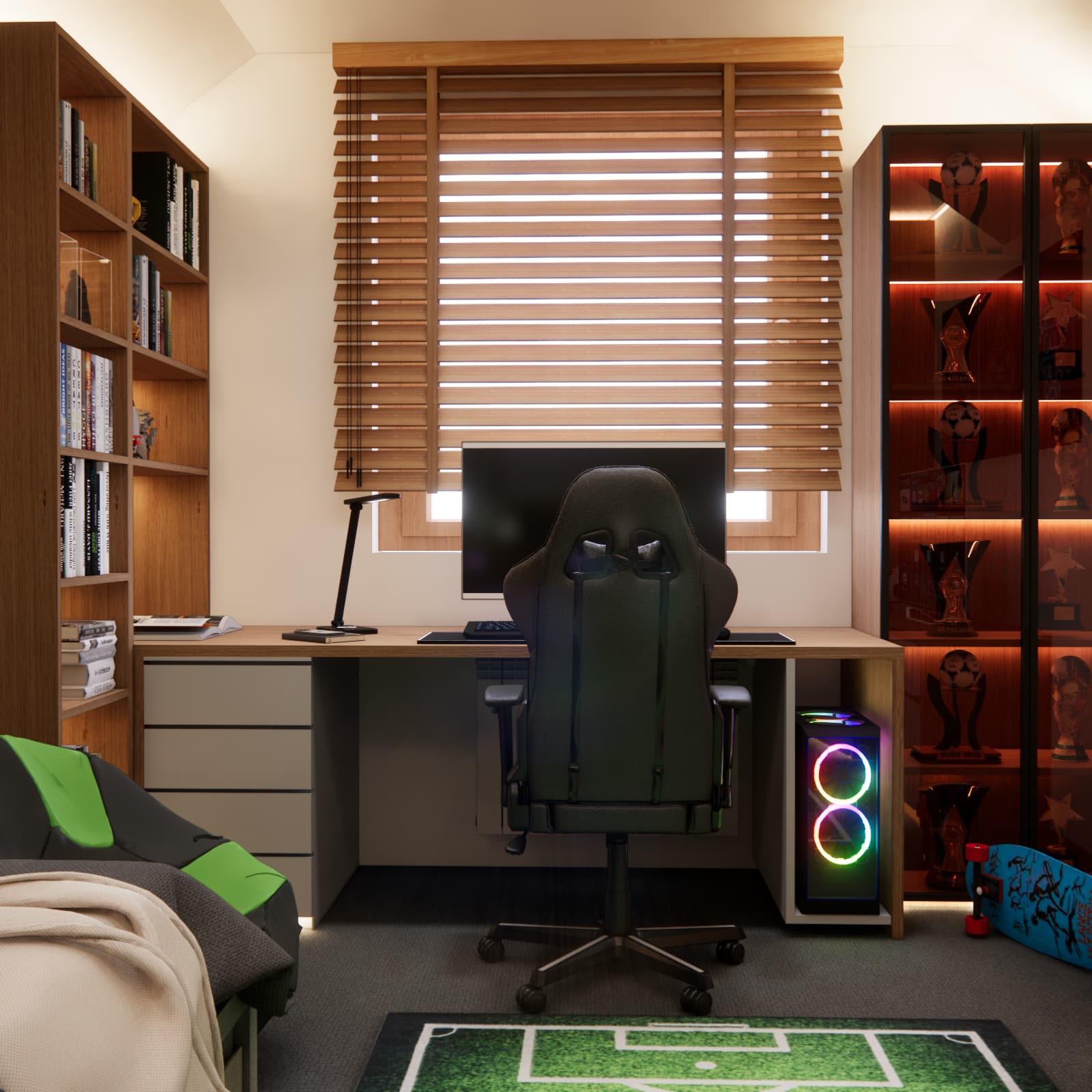 gaming teenage bedroom with a gamer desk under a roof window in the attic