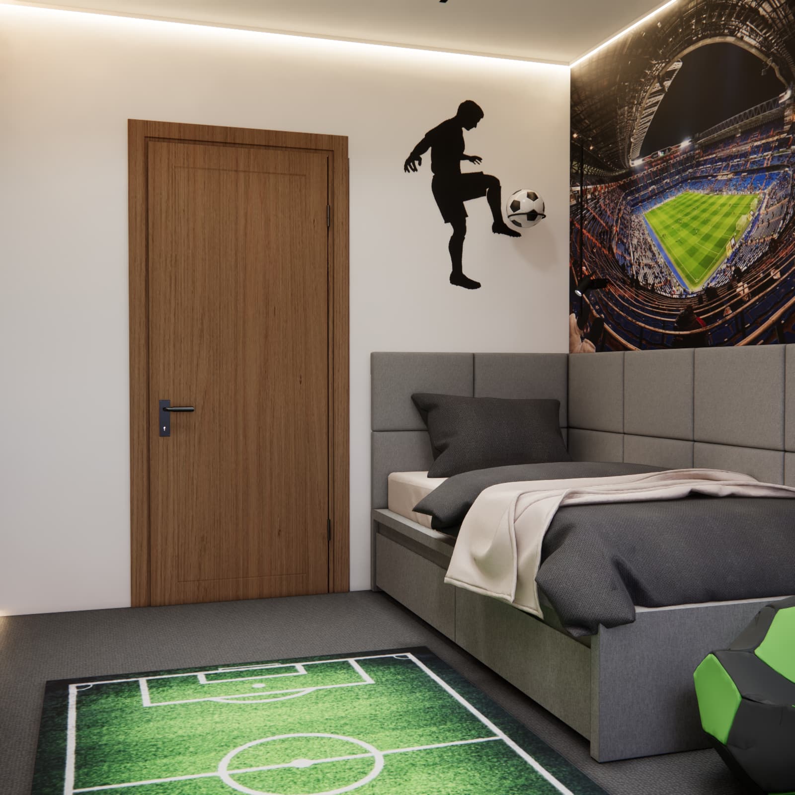 gaming teenage bedroom with a football theme and LED lighting atmosphere