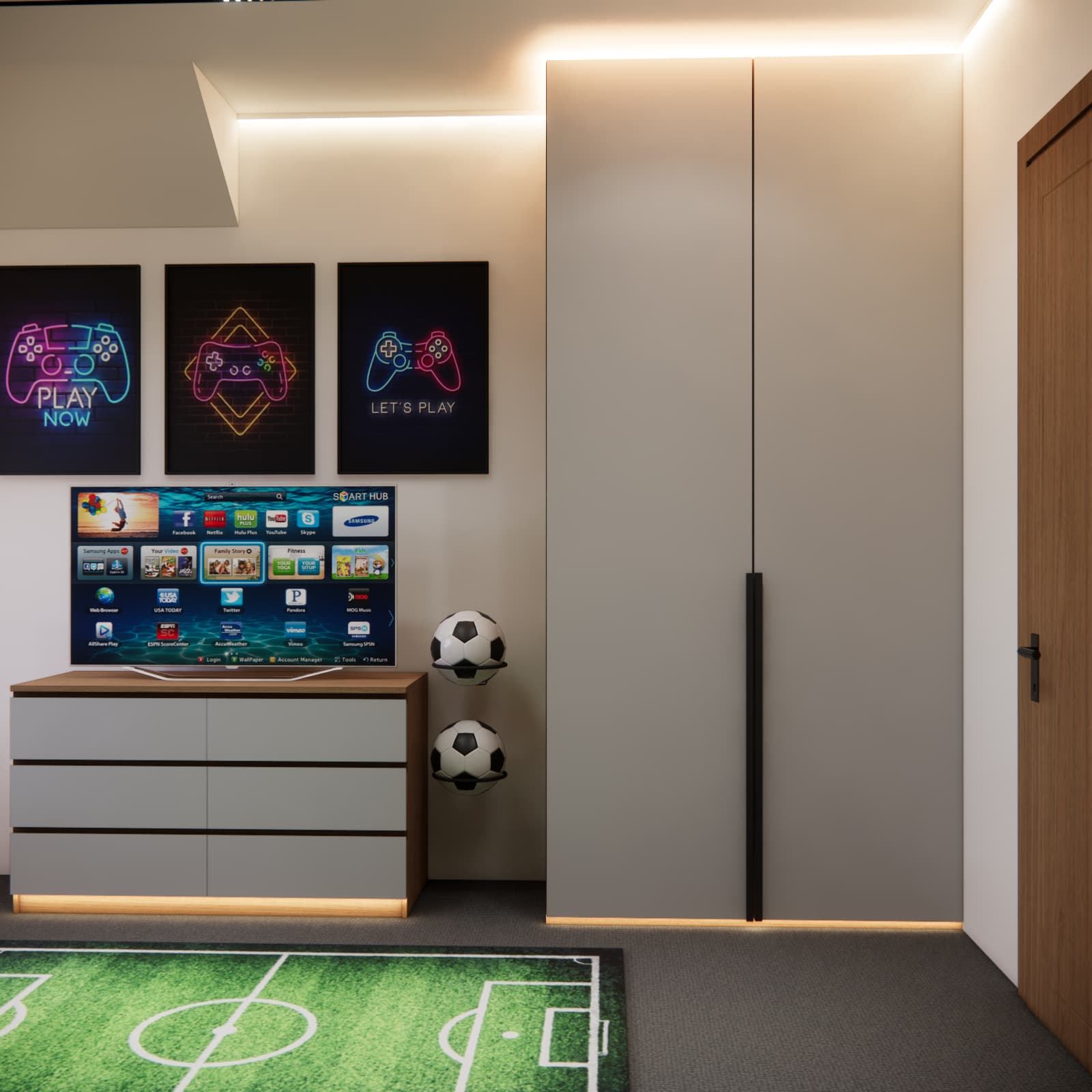 modern attic gaming room with built-in furniture under sloped ceilings and LED lighting