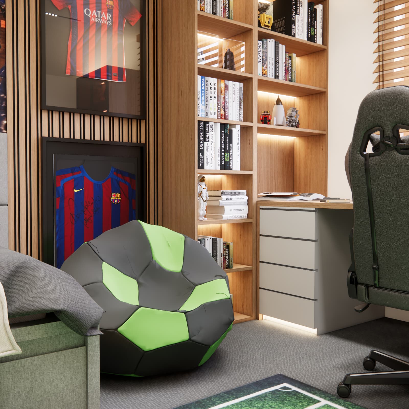 modern teenage bedroom for a football fan with illuminated shelving and a desk
