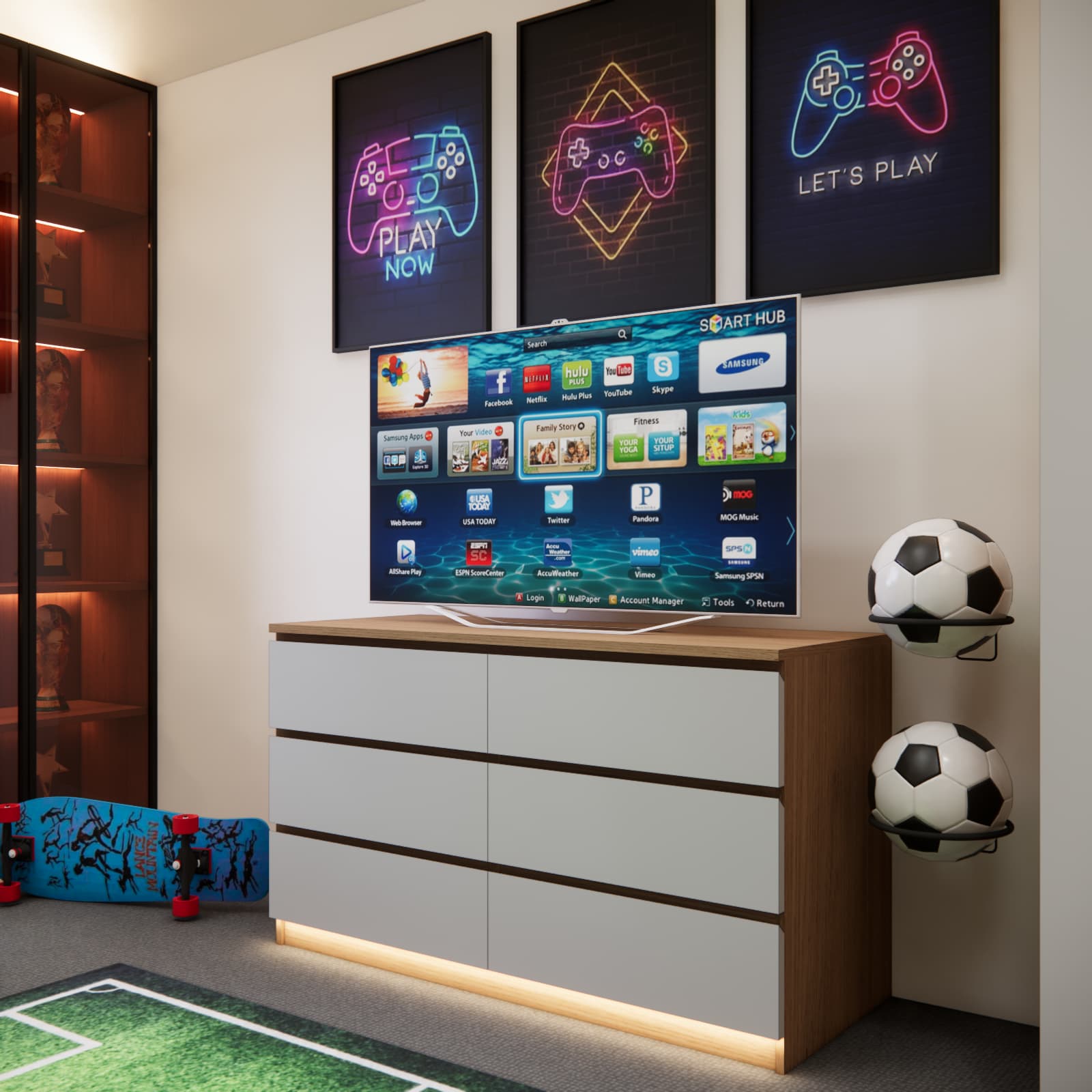 gaming room for a teenager with a football theme, dresser, and modern built-in furniture