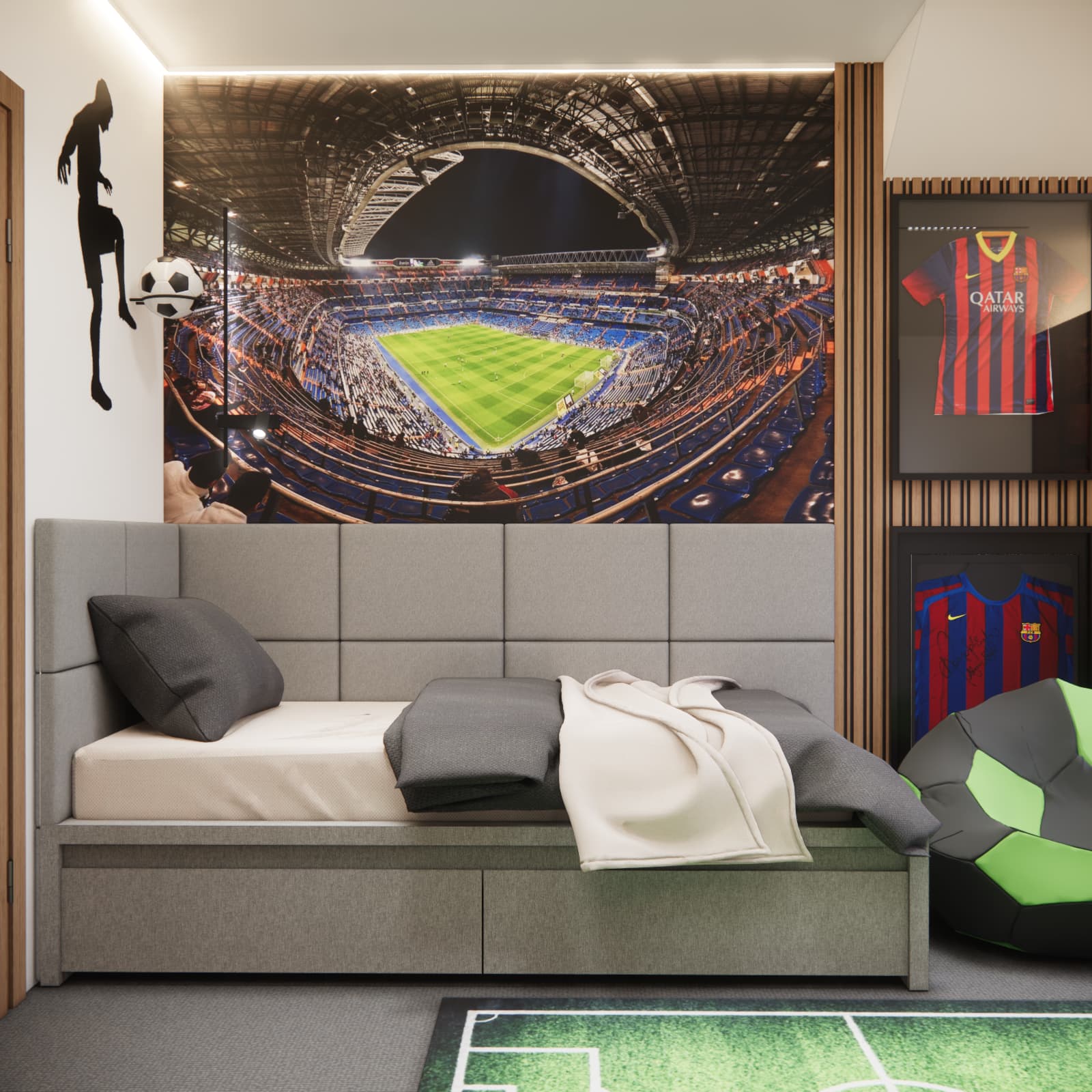 football-inspired teenage bedroom with a stadium wall graphic and upholstered bed
