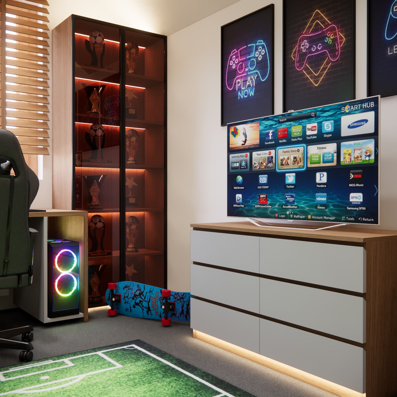 teenage bedroom with a PlayStation console, TV, and gaming neon lights