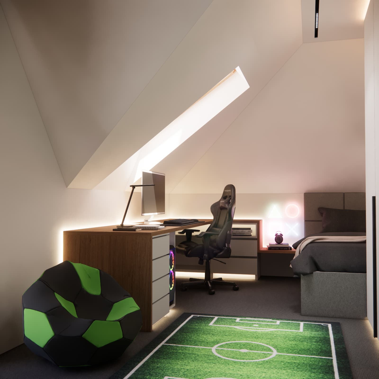gaming youth room in the attic for an 11-year-old boy gaming youth room in the attic for an 11-year-old boy