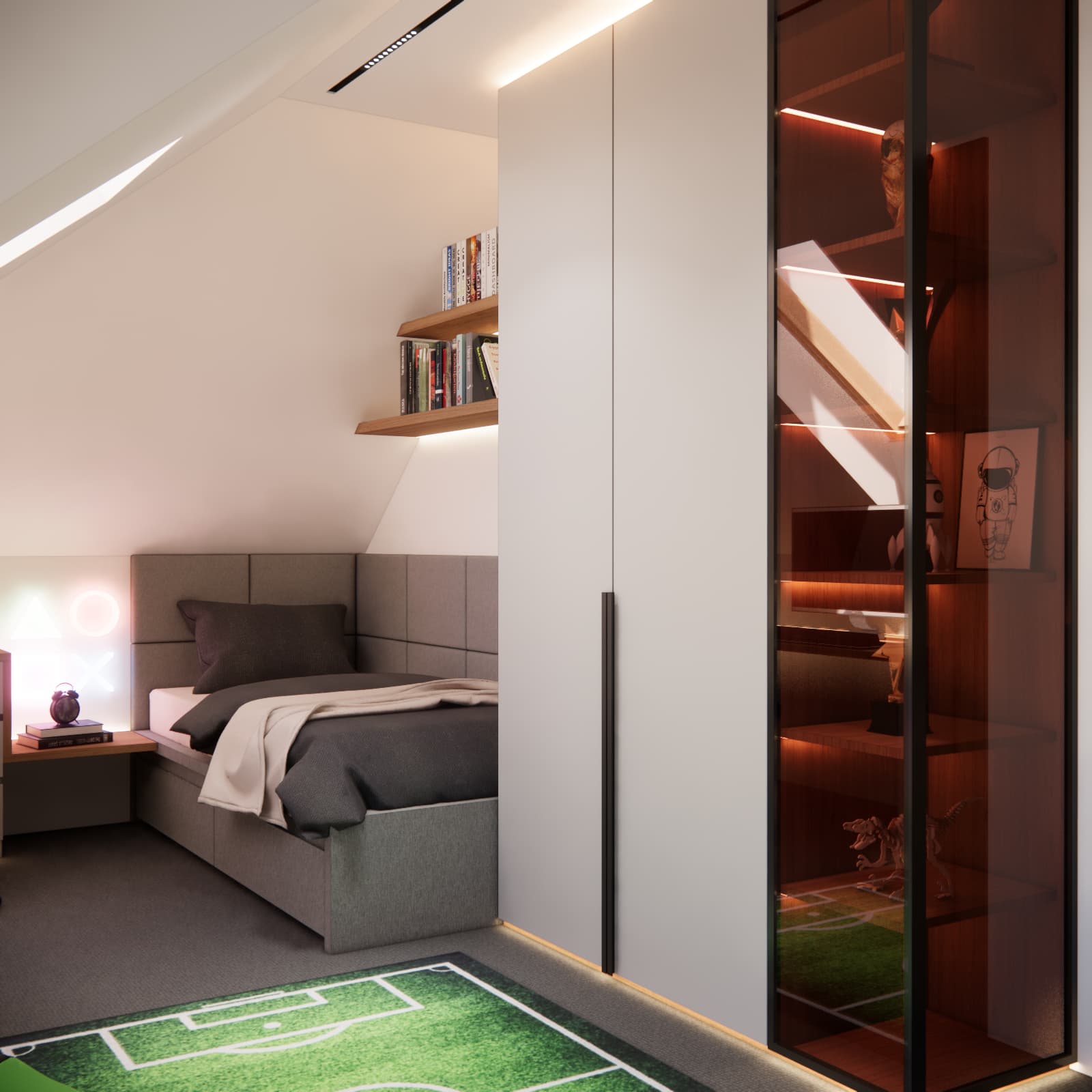modern gamer’s room with an illuminated display cabinet