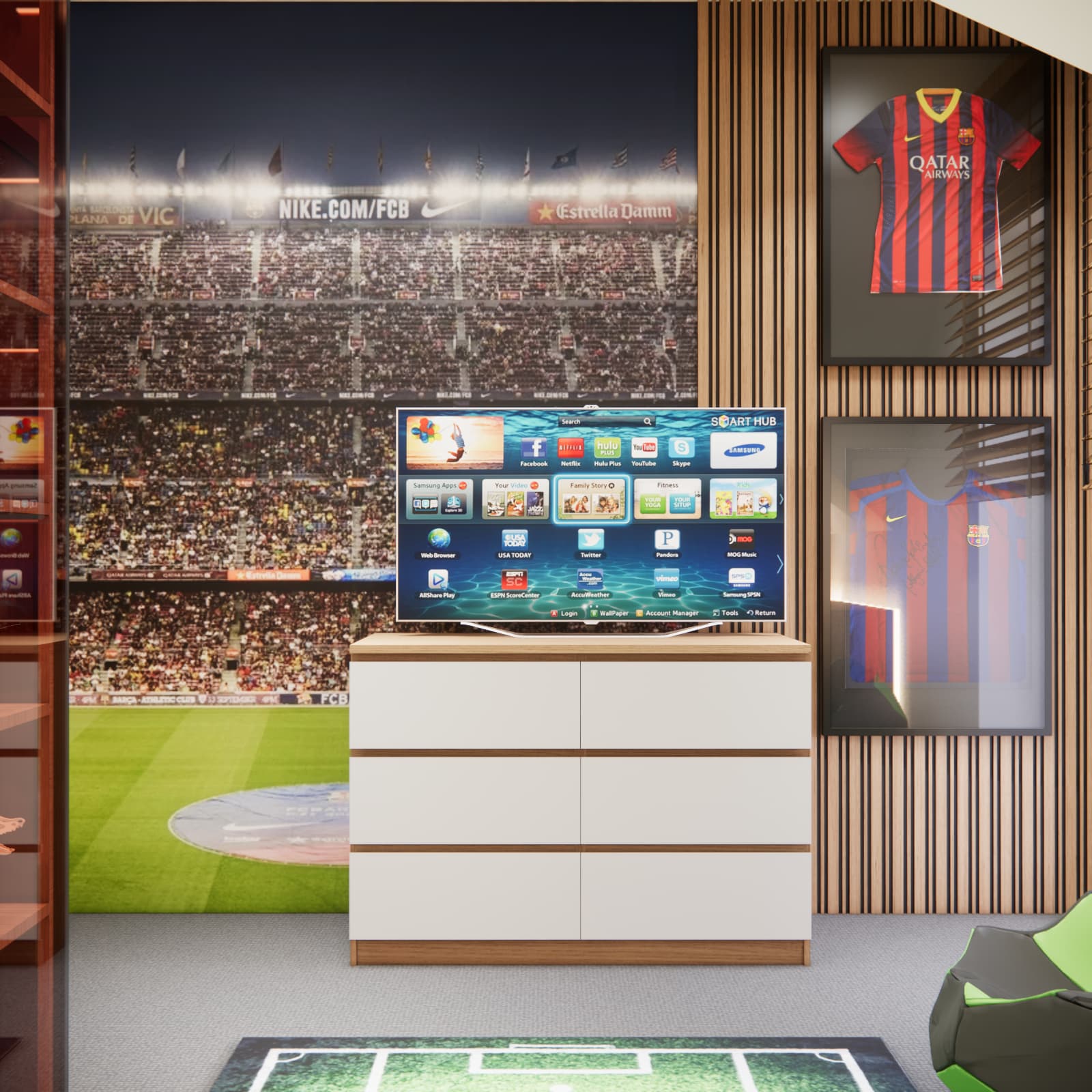 youth room with PlayStation console and football theme