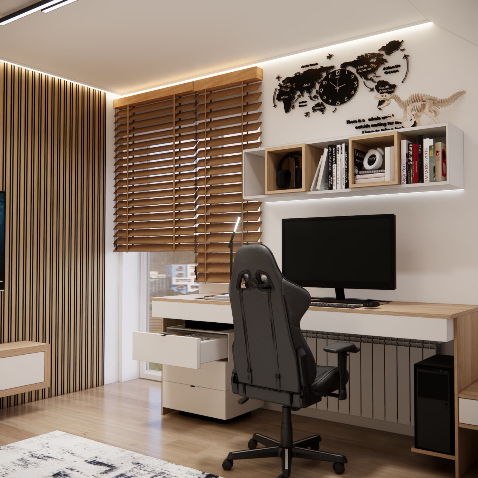 Computer workstation with a wooden desk and lighting in a boy’s room