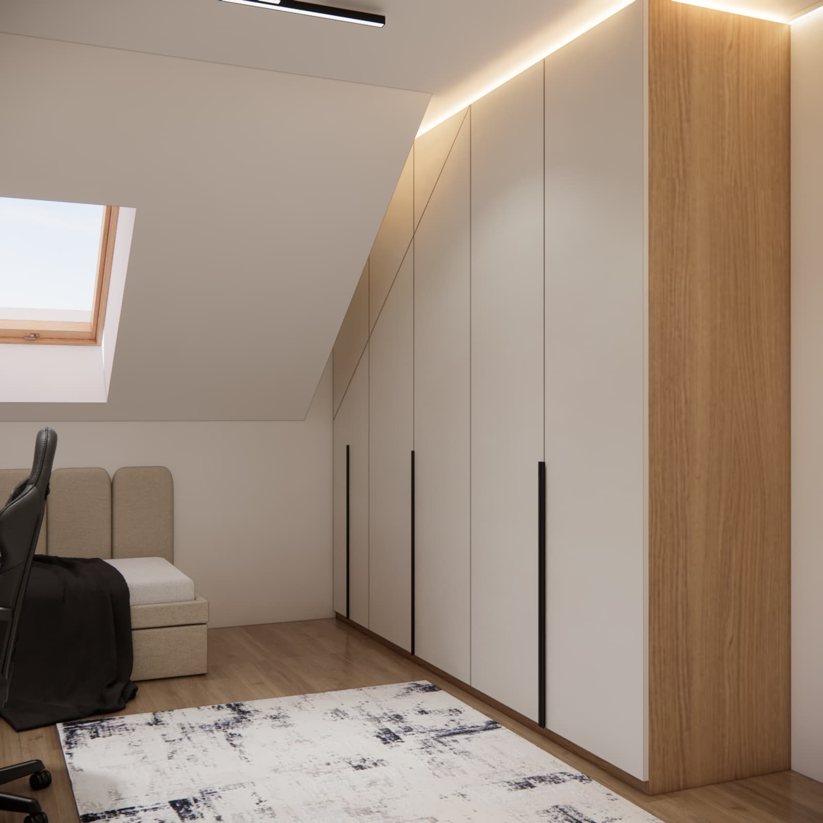 Custom-made wardrobe adapted to the sloped ceiling in a boy’s attic room