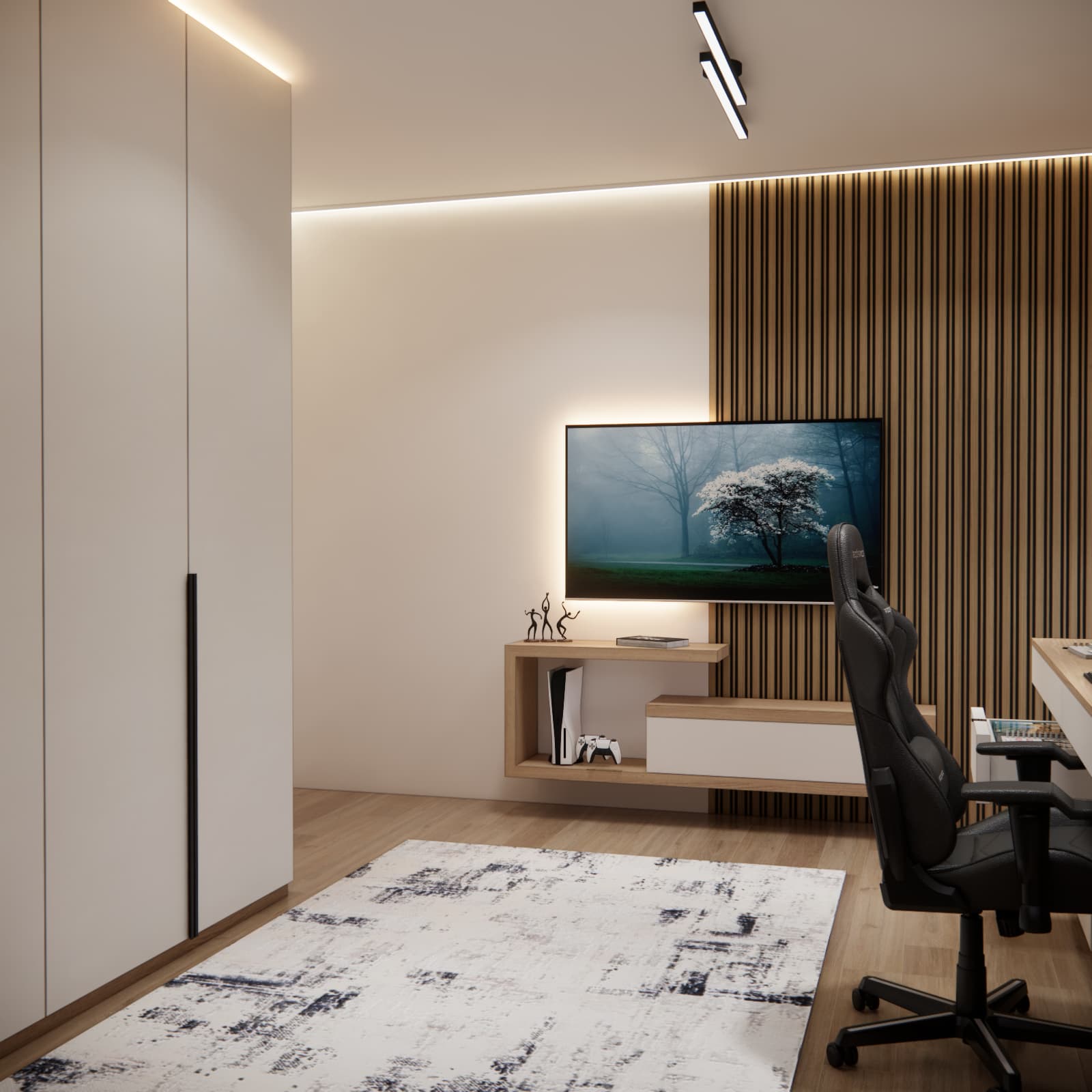Modern room for an 11-year-old boy with a TV wall, desk and LED lighting
