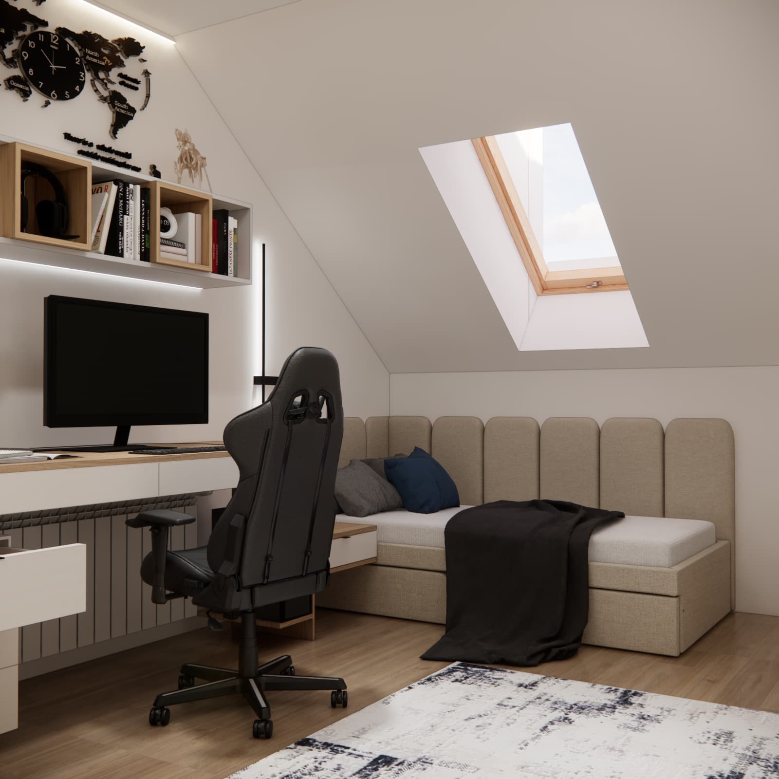 Room design for an 11-year-old boy with a study area and bed beneath the sloped ceiling