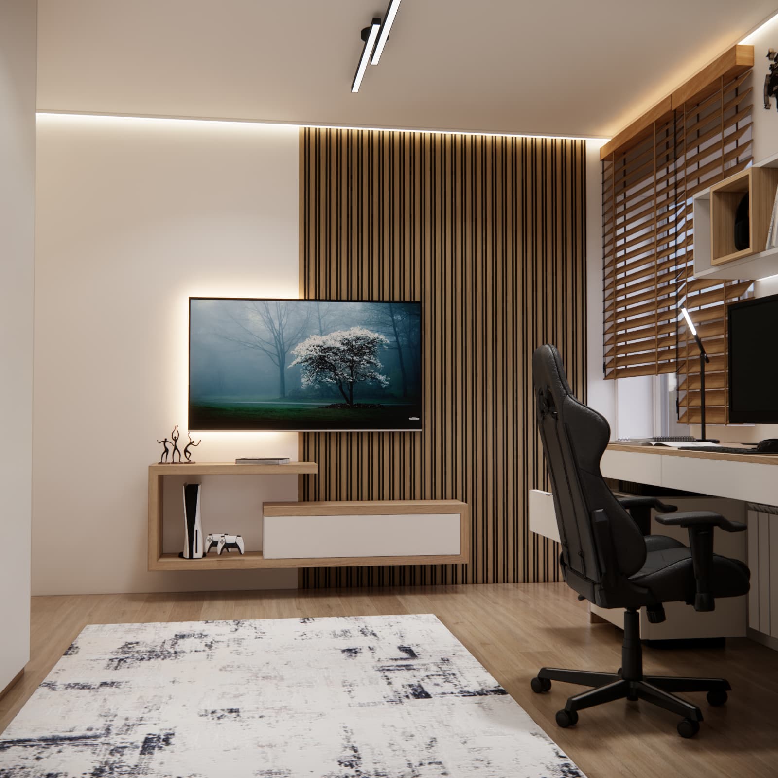 TV wall with wood slats and a wall-mounted cabinet in an 11-year-old boy’s room