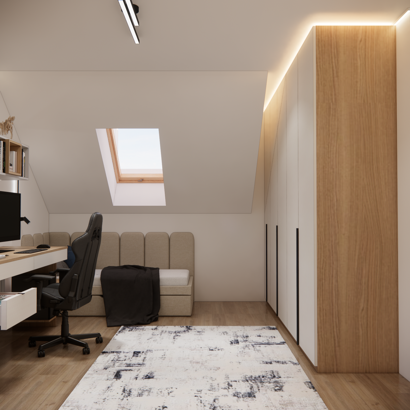 Pokój chłopca 17,4 m² z pojemną szafą pod skosem i łóżkiem