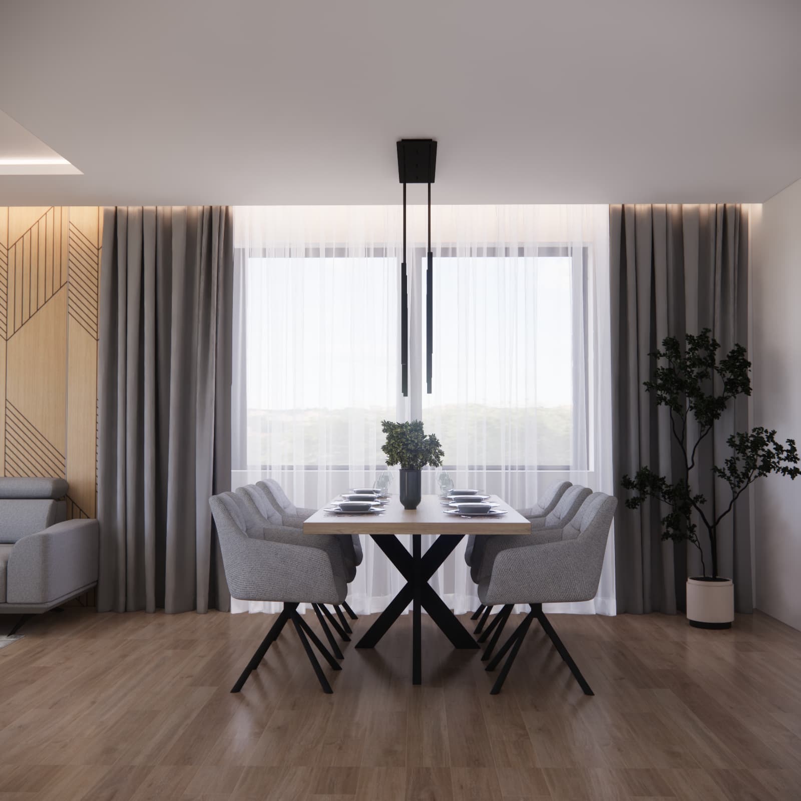 Dining area beside large glazing in the living room and kitchen design for Mr Bartłomiej