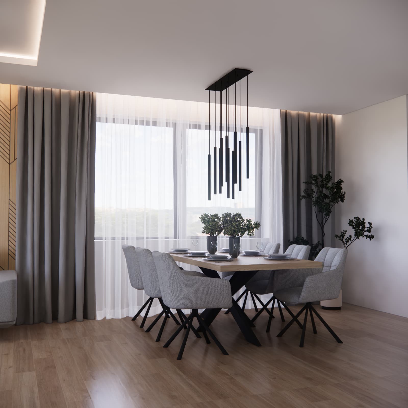 Large wooden table and six upholstered chairs beside the living room window