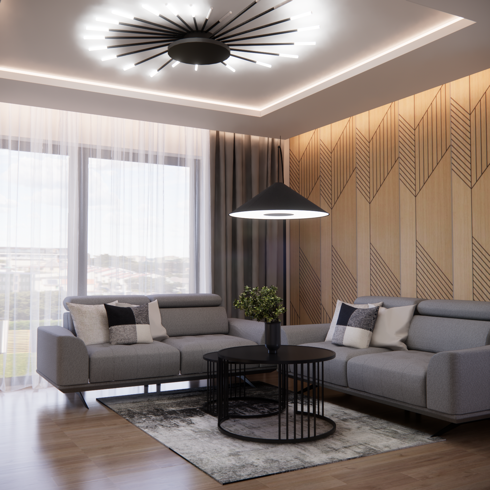Projekt salonu 35,55 m² z dwiema szarymi sofami i dekoracyjną ścianą z drewna w Lubochni