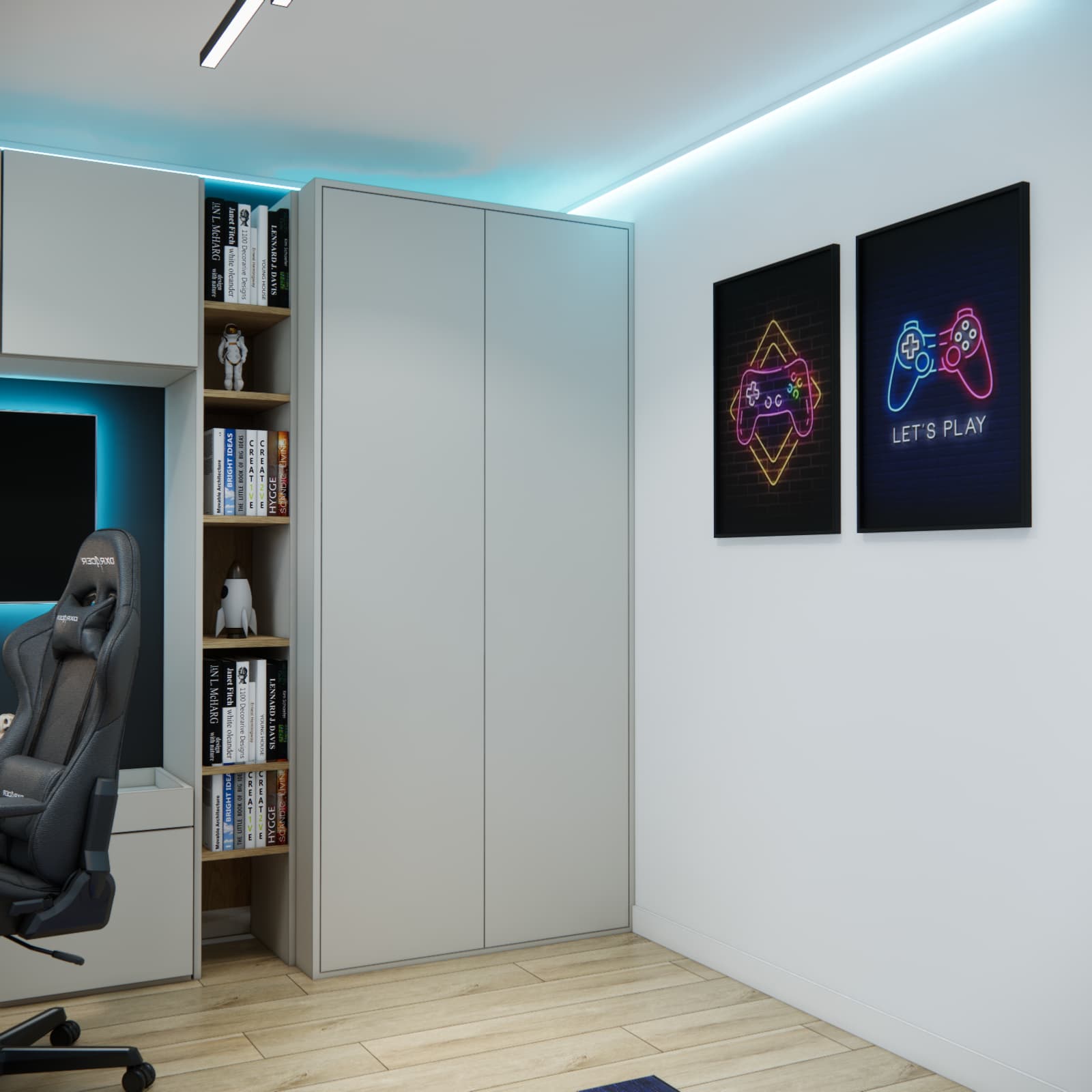 Gaming posters and a tall wardrobe in a modern teen room