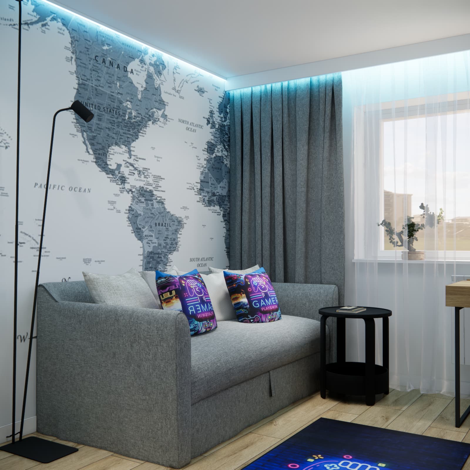Grey sofa and world map mural in Kacper’s teen room