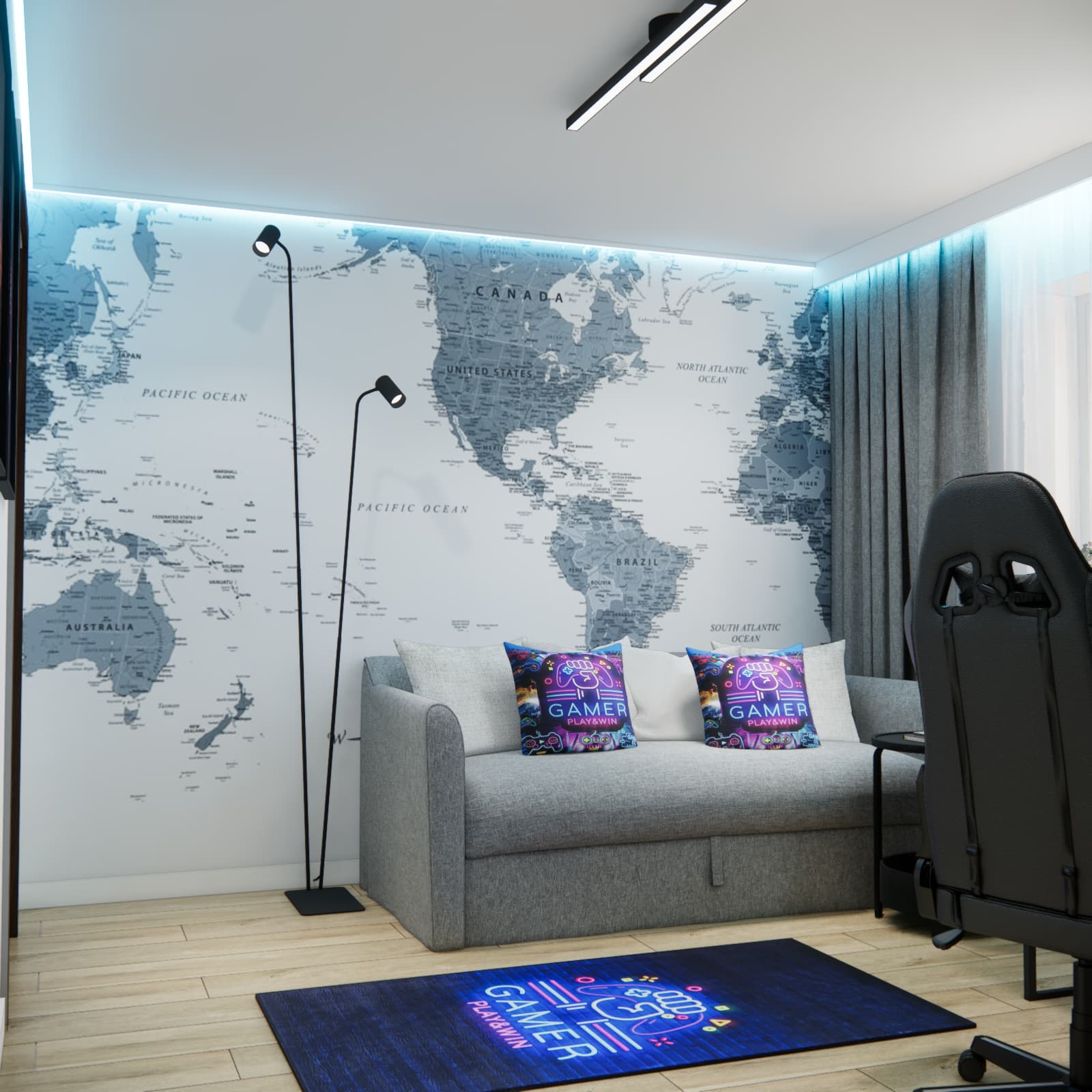 World map mural, sofa and gaming accessories in a teen room