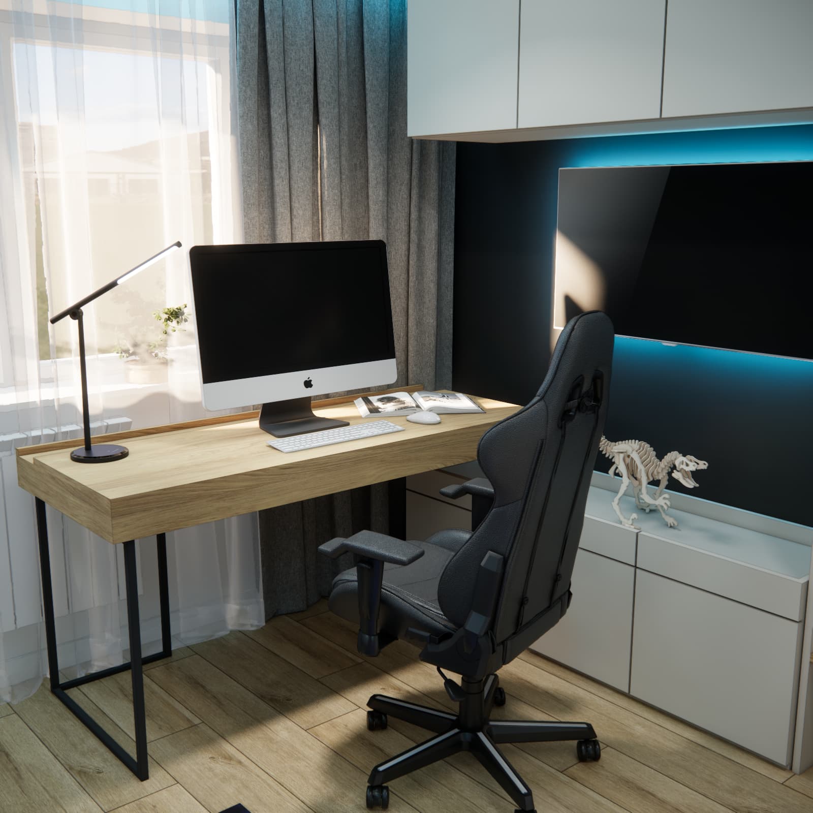 Biurko komputerowe przy oknie w pokoju młodzieżowym Kacpra 10,83 m²