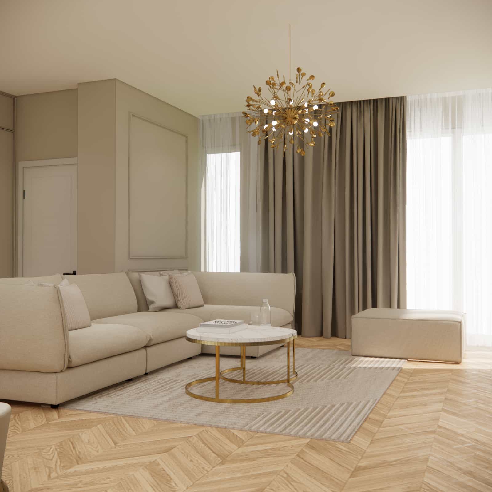 Strefa wypoczynkowa w salonie: jasna sofa, dywan w neutralnych barwach, stolik kawowy ze złotą podstawą oraz miękkie zasłony przy dużych oknach.